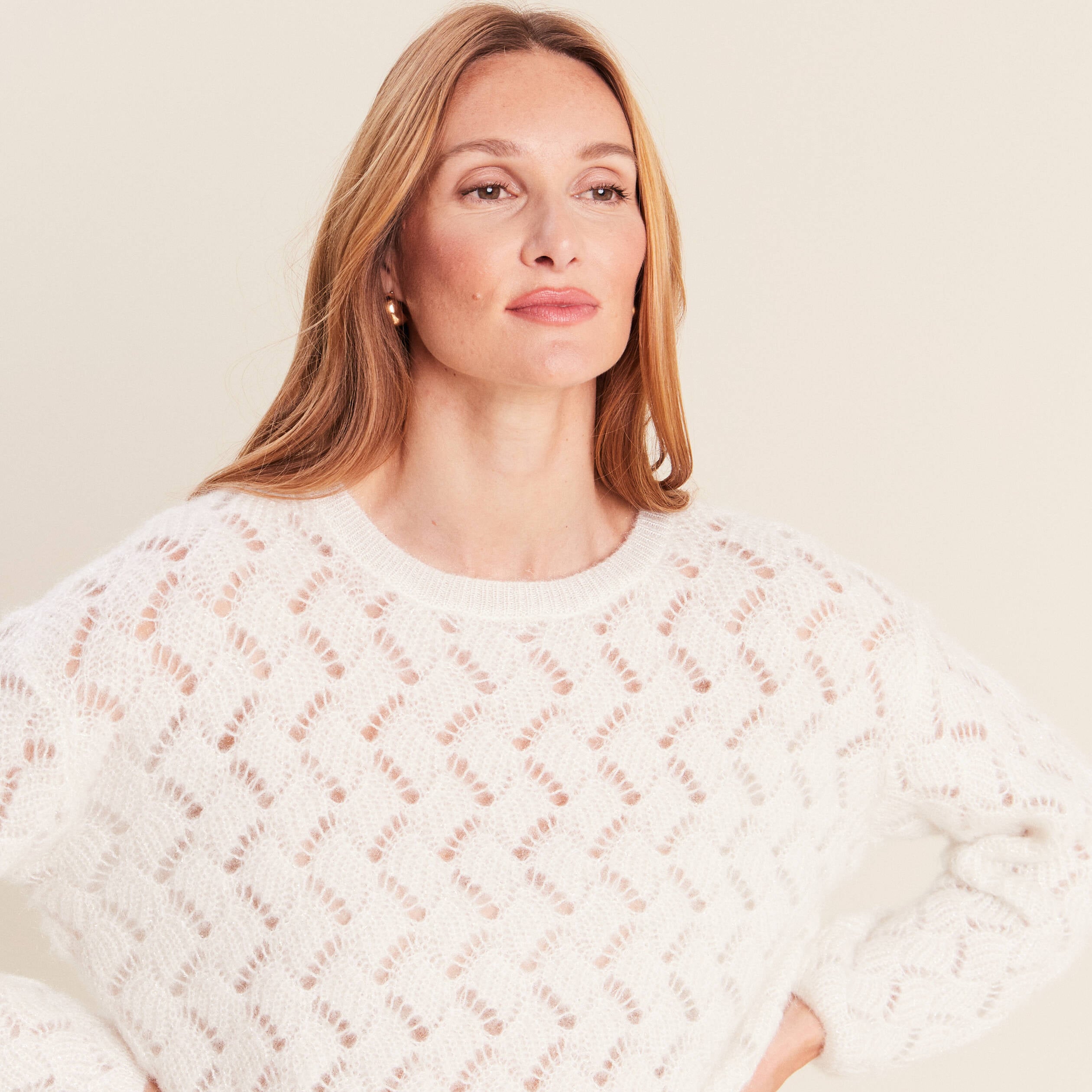 Pull manches longues ajour&eacute; ecru femme