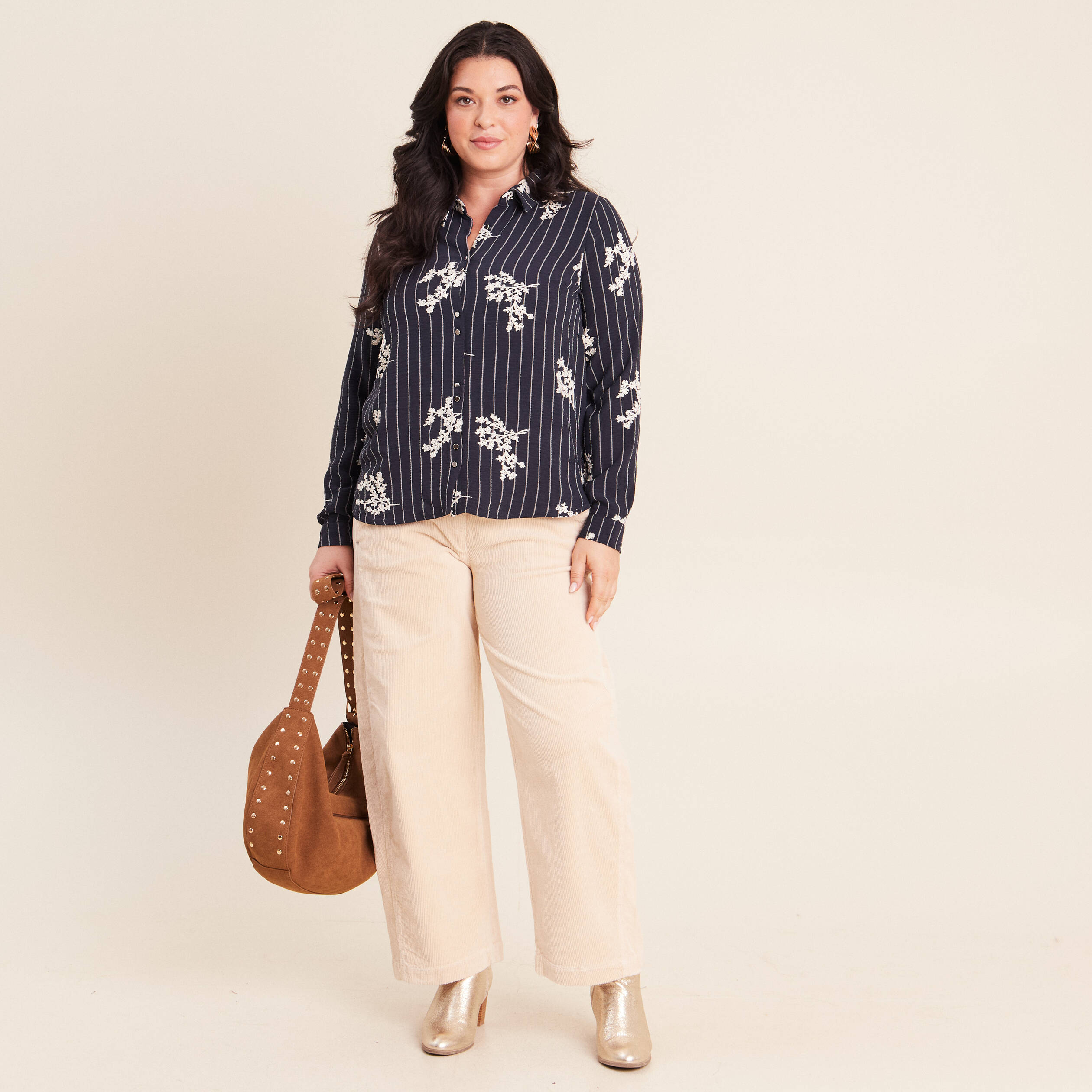 Chemisier droit manches longues fluide bleu marine femme