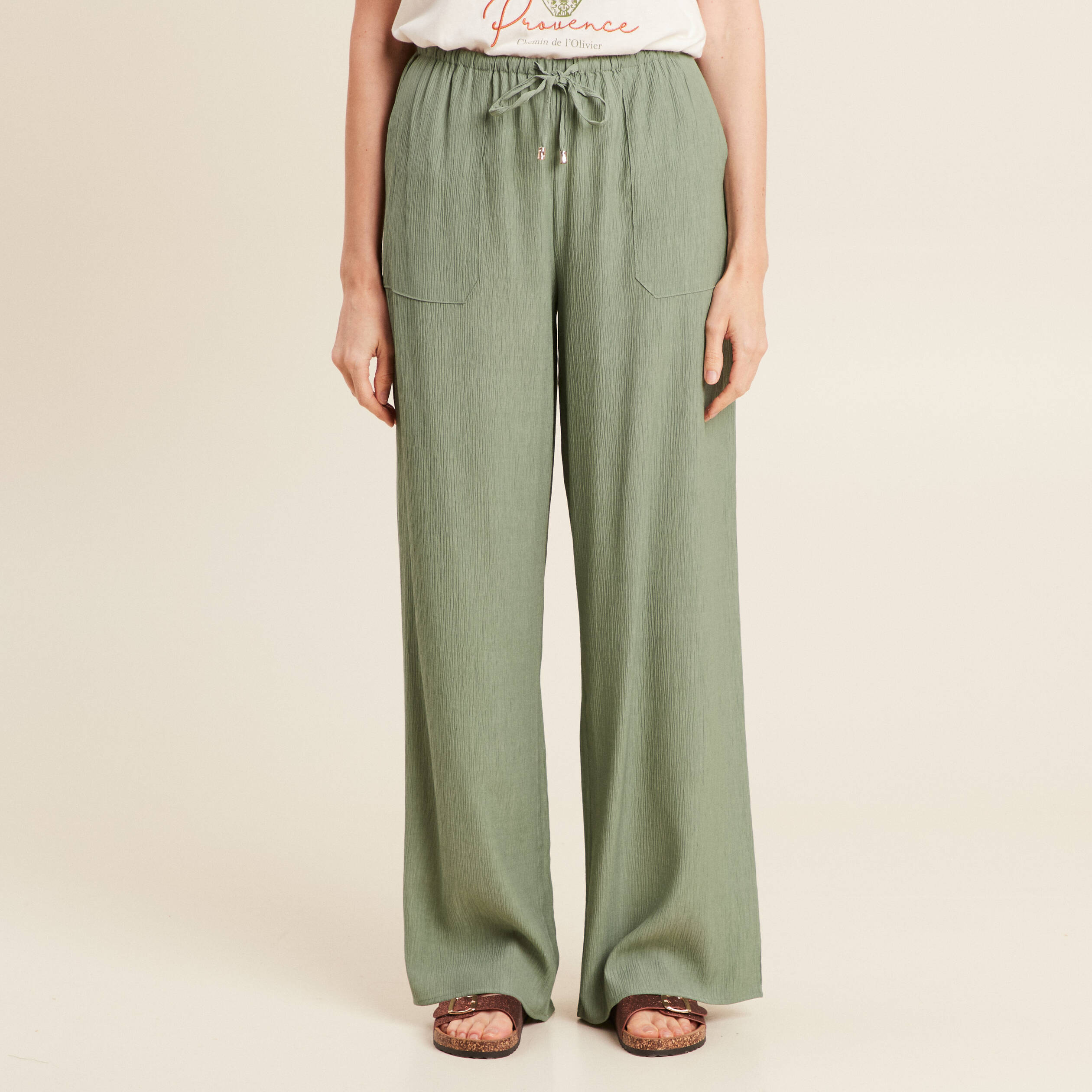 Pantalon large fluide vert kaki femme