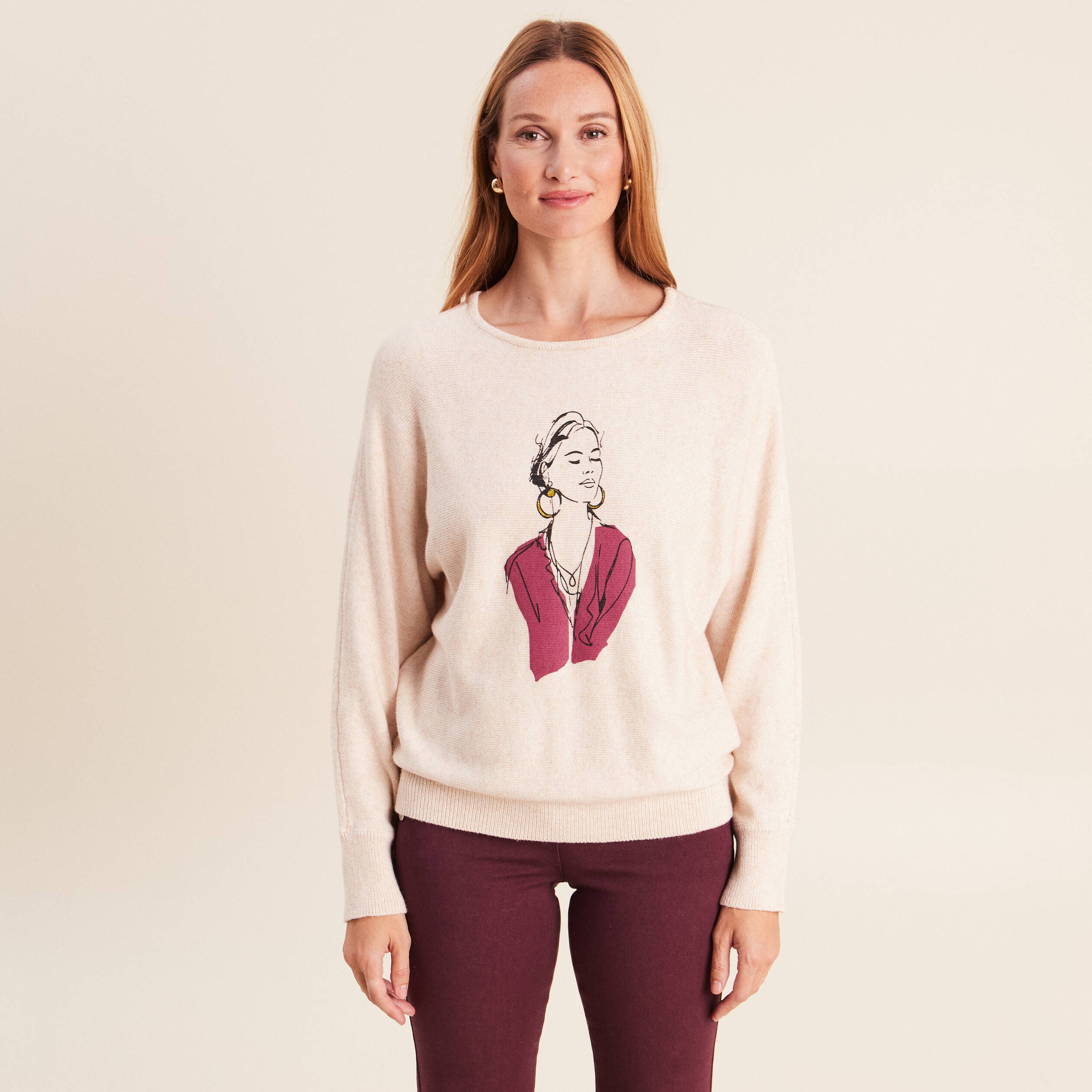 Pull col rond manches longues beige femme