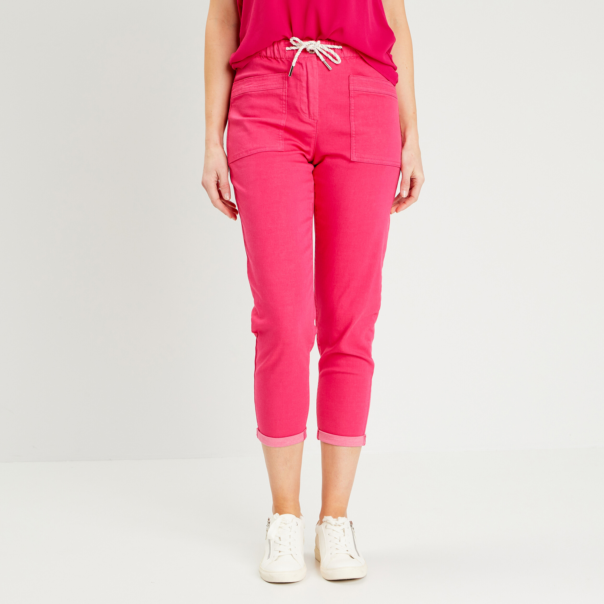 pantalon coupe droite a coulisse rose framboise femme Pantalon coupe droite à coulisse rose framboise femme