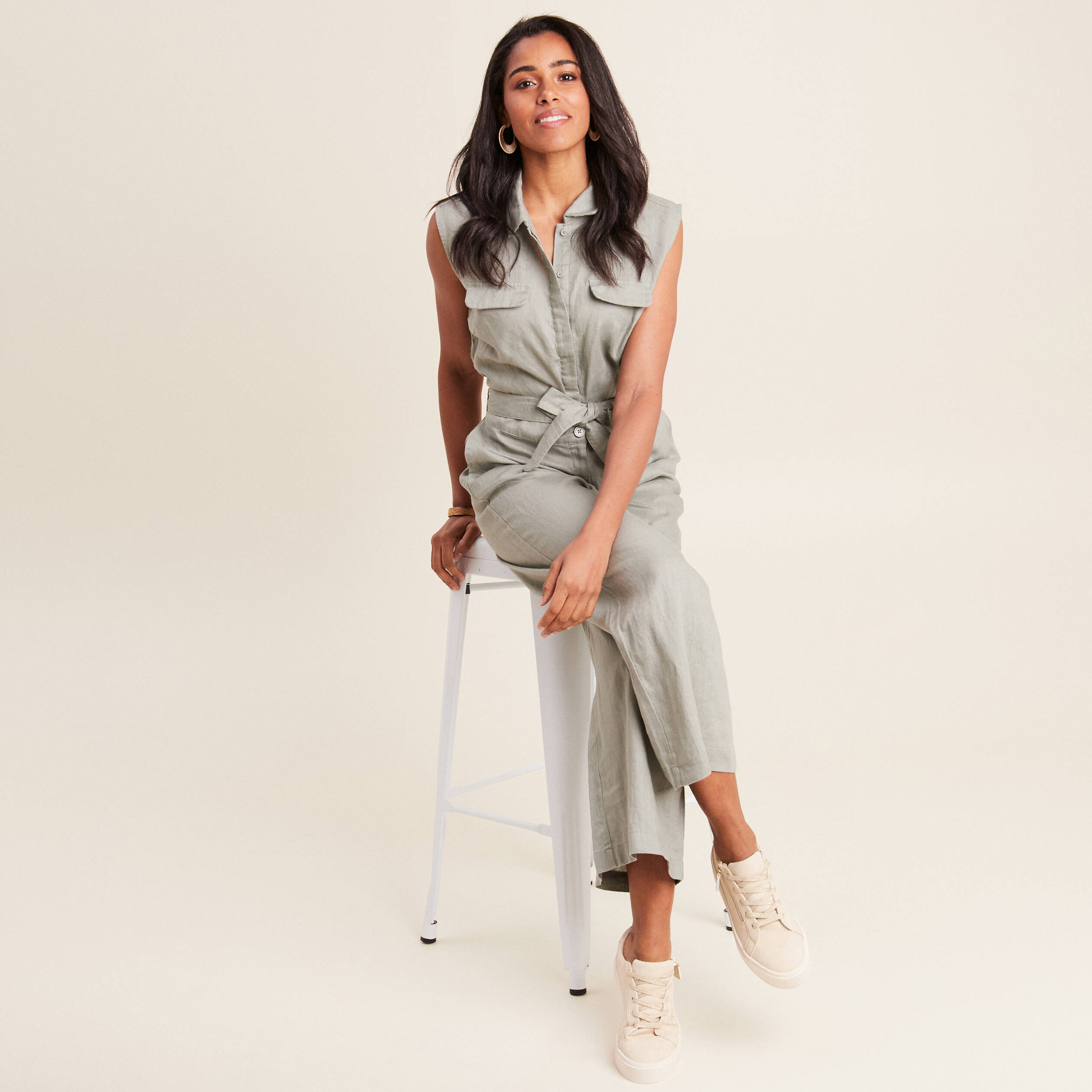 Combinaison pantalon ceintur&eacute;e vert clair femme