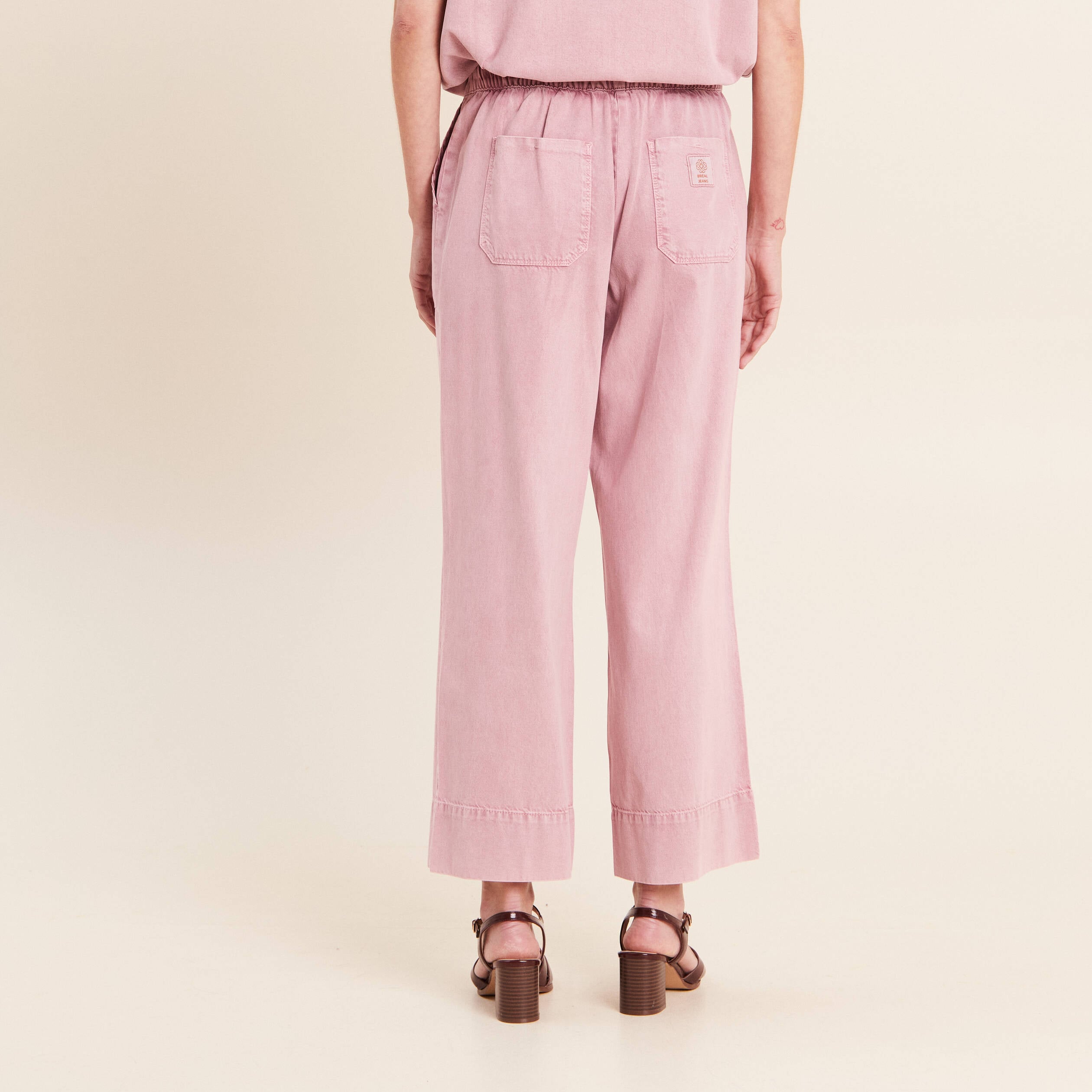 Pantalon large taille haute fluide rose femme