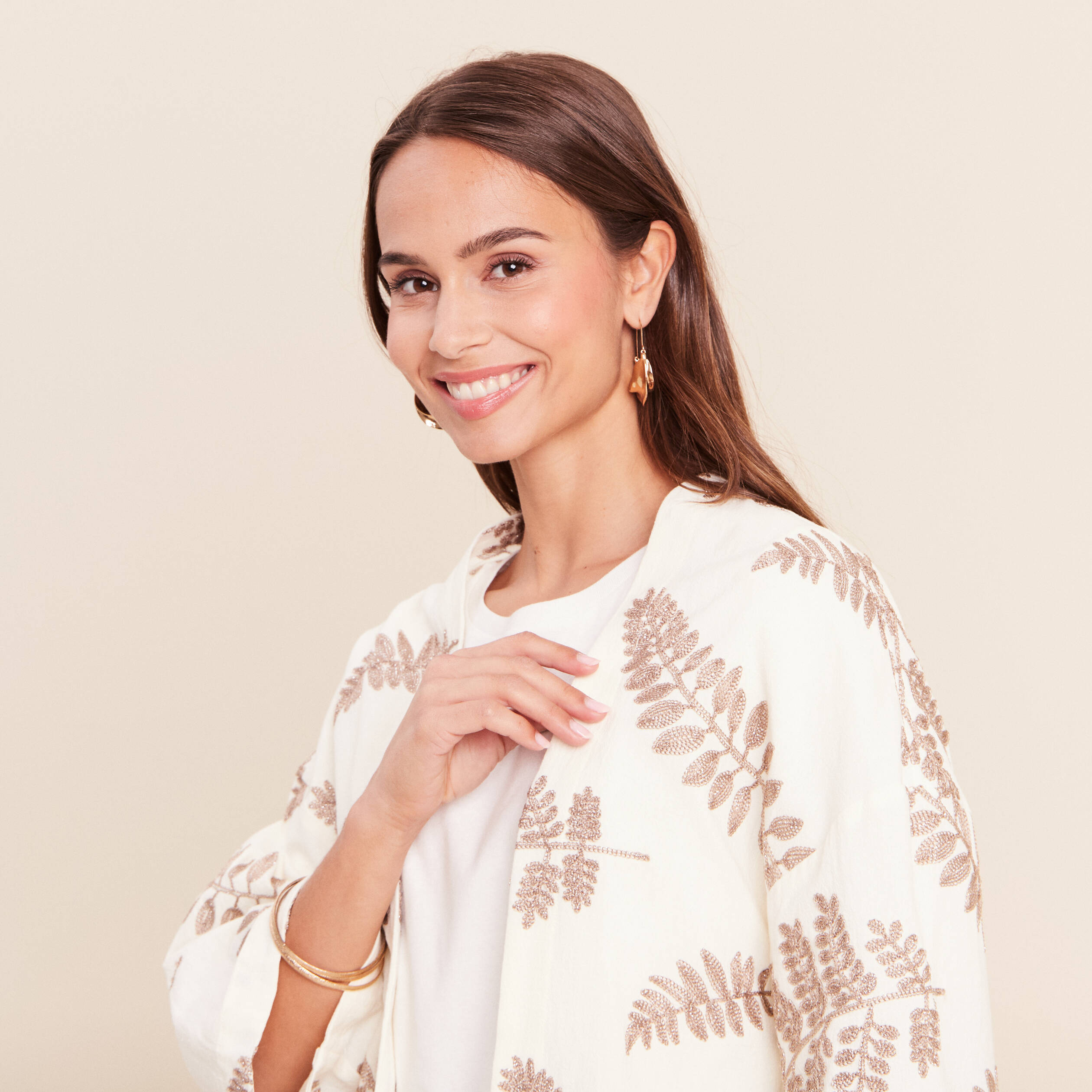 Kimono brod&eacute; manches 3/4 ecru femme