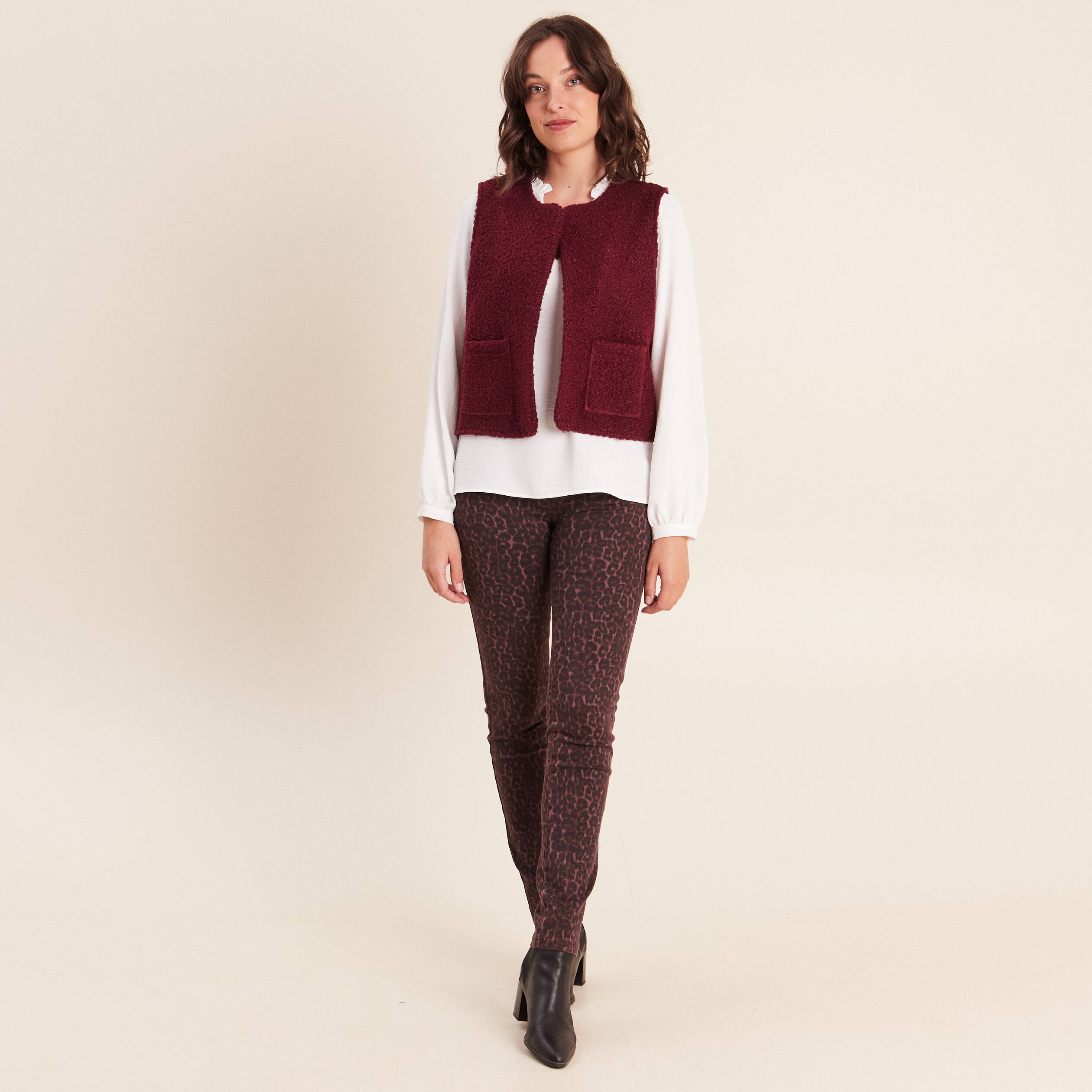 Blouse col v manches longues fluide ecru femme