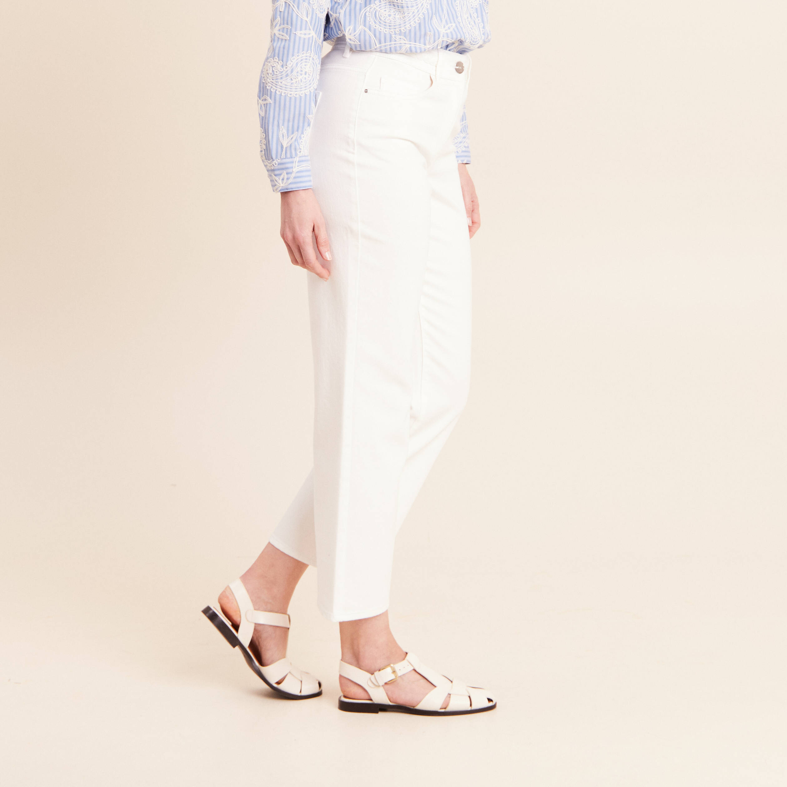 Jean coupe large 7/8&egrave;me taille haute blanc femme