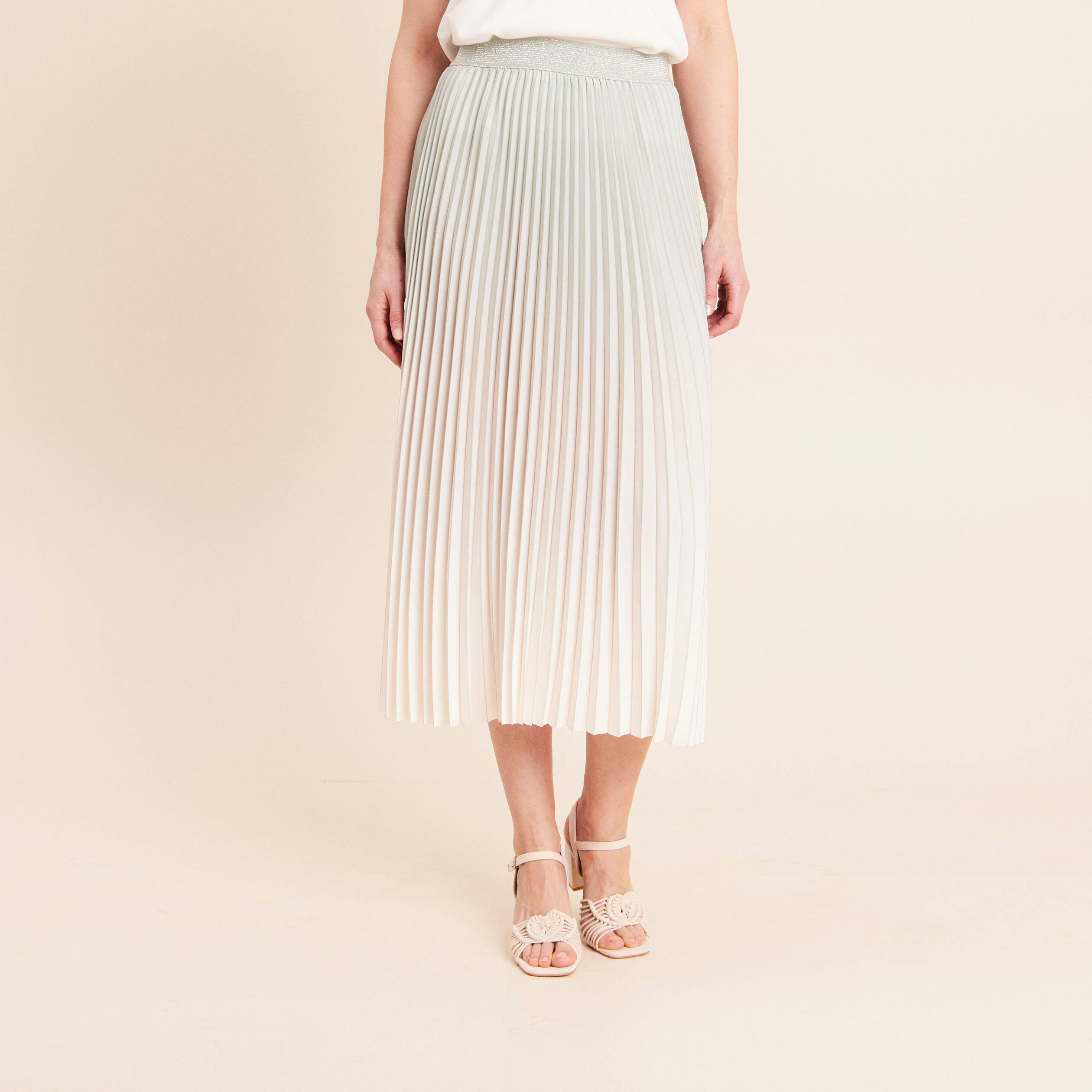 Jupe midi patineuse pliss&eacute;e vert clair femme