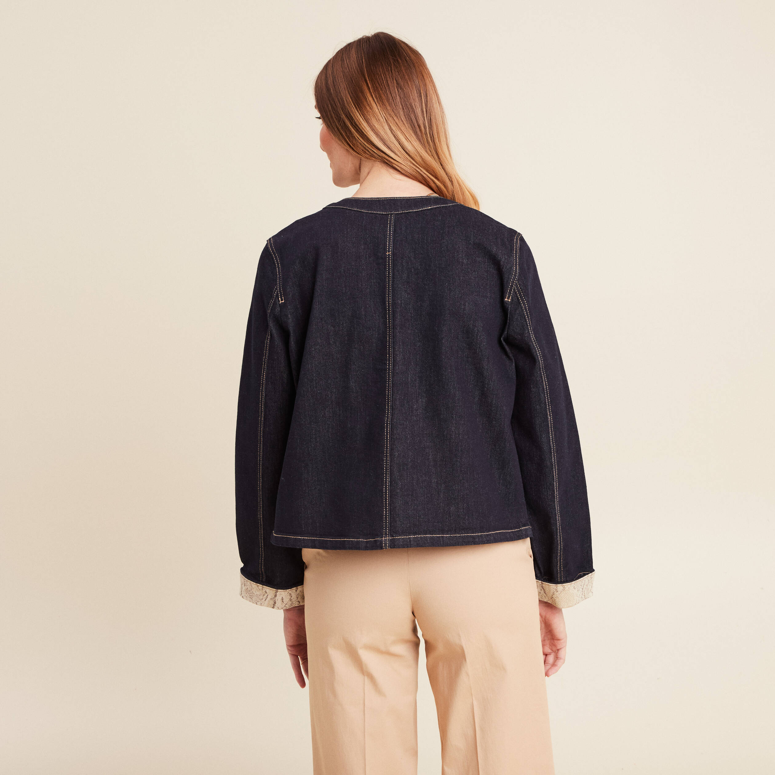 Veste sans col denim brut femme