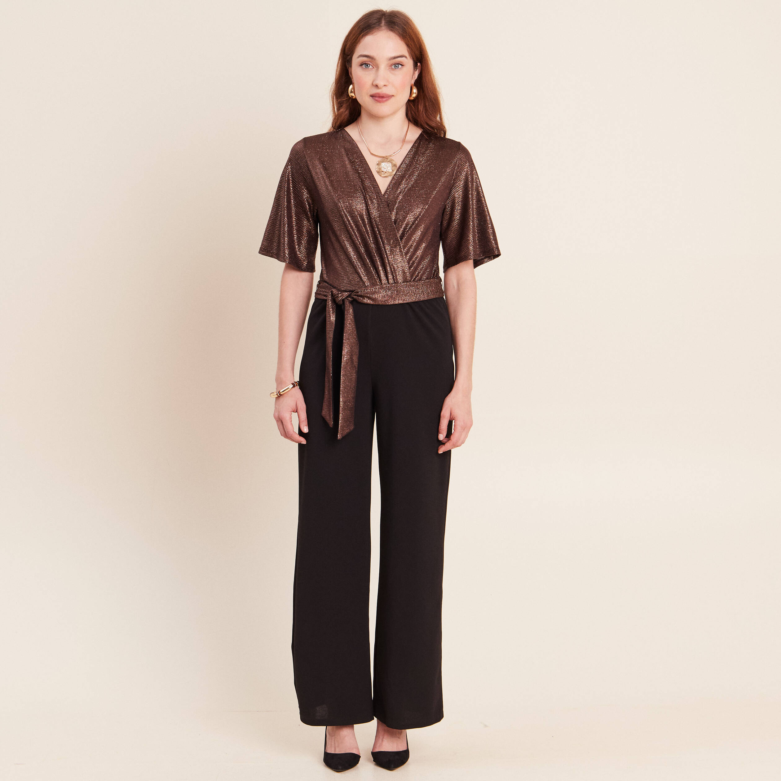 Combinaison pantalon droite marron cognac femme