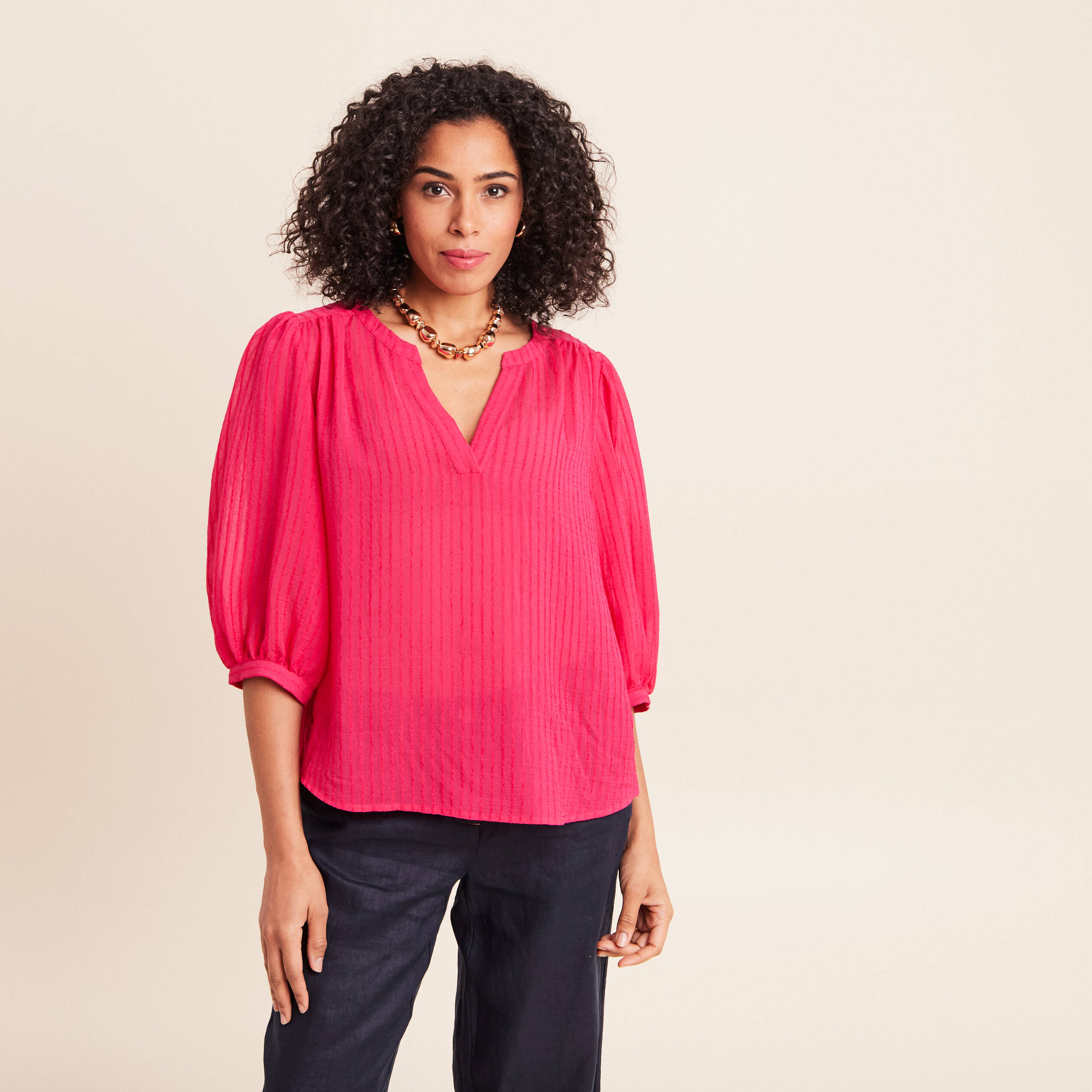 Blouse ample col tunisien manches 3/4 rose fushia femme