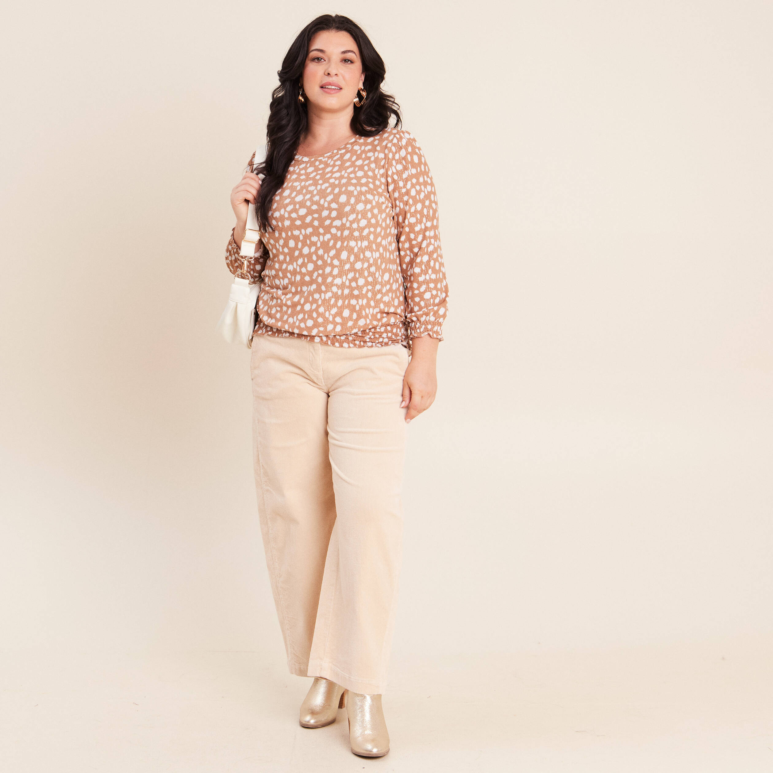 T-shirt col rond manches 3/4 marron femme