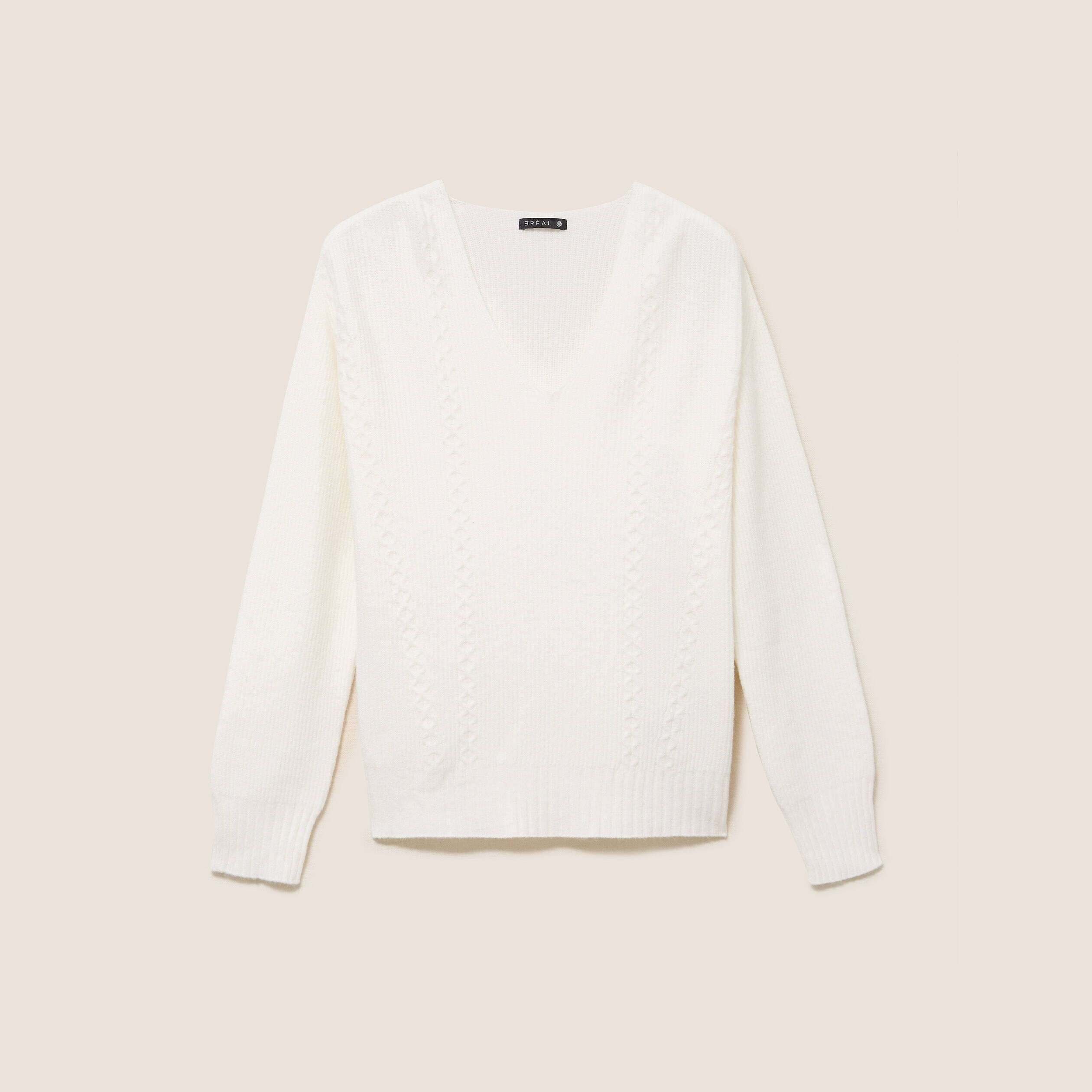 Pull col v manches longues ecru femme