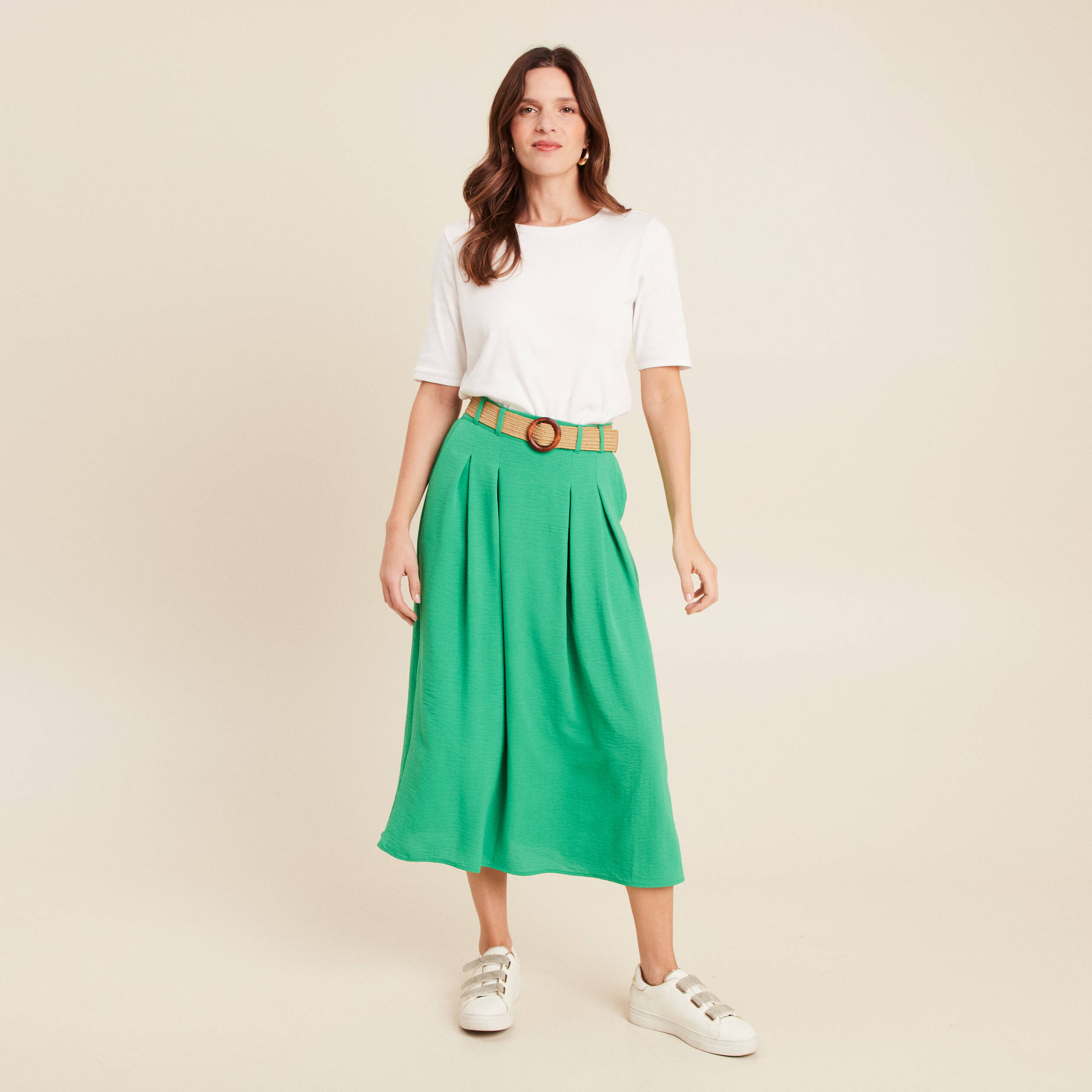jupe longue evasee ceinturee vert femme Jupe longue évasée ceinturée vert femme
