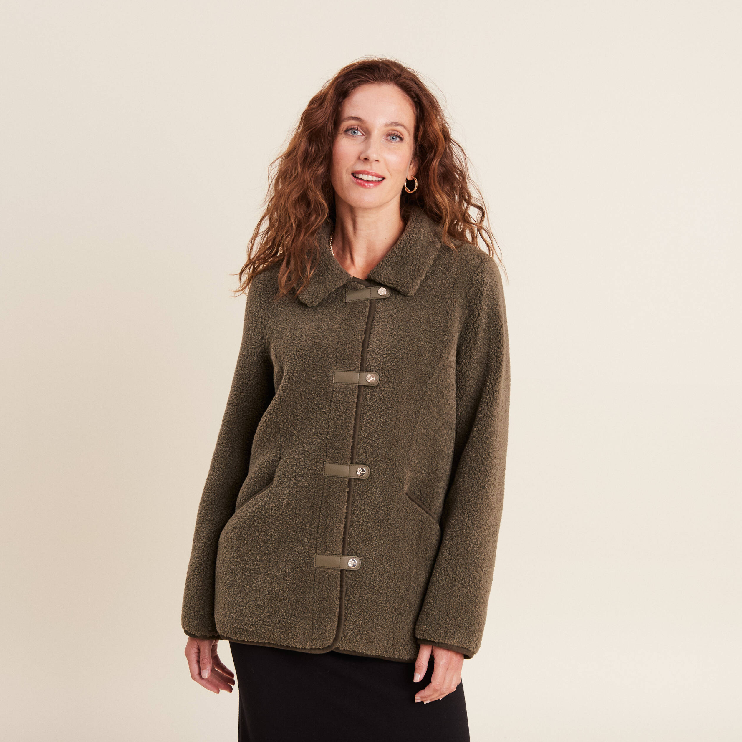Manteau droit laine mouton vert kaki femme