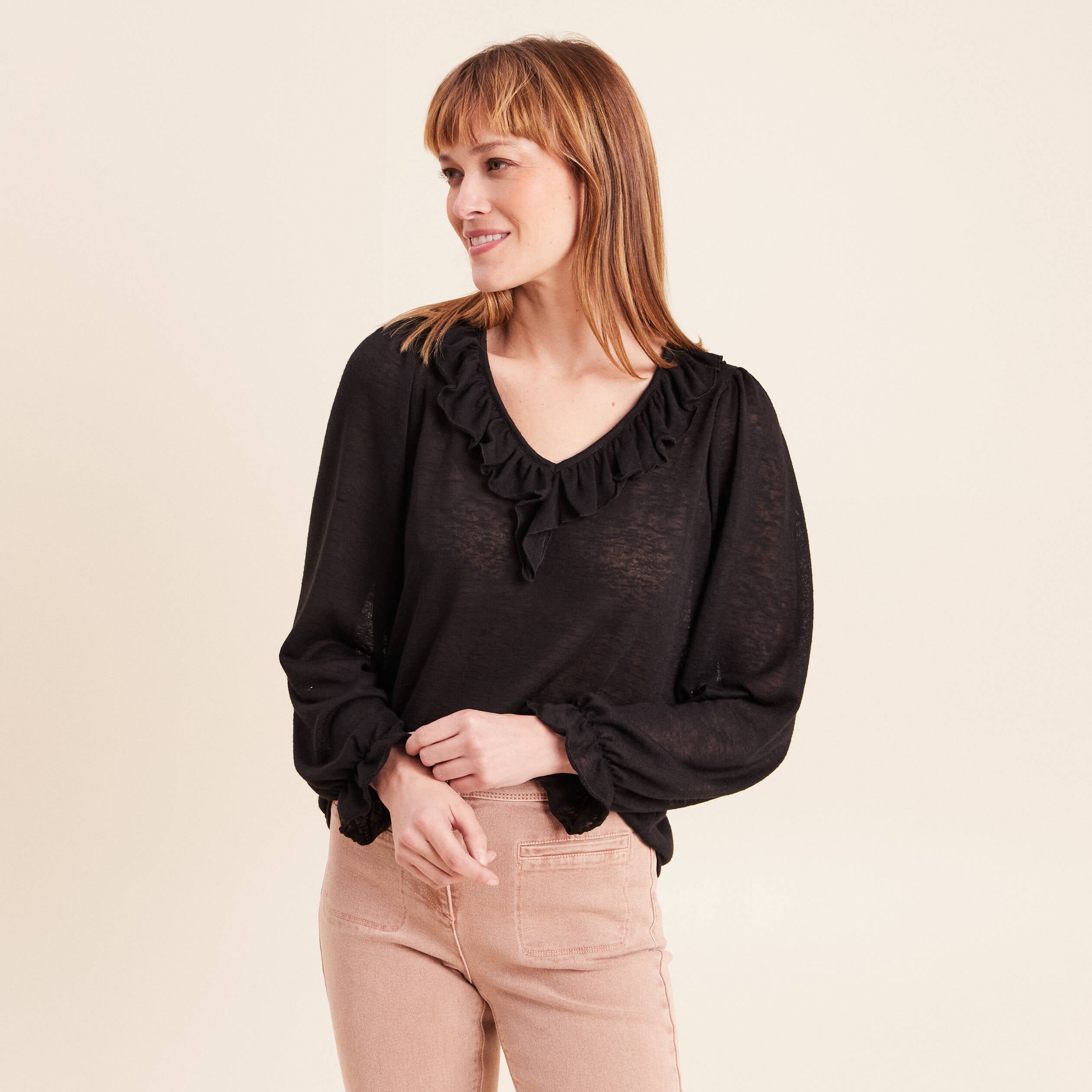Blouse col v manches longues noir femme
