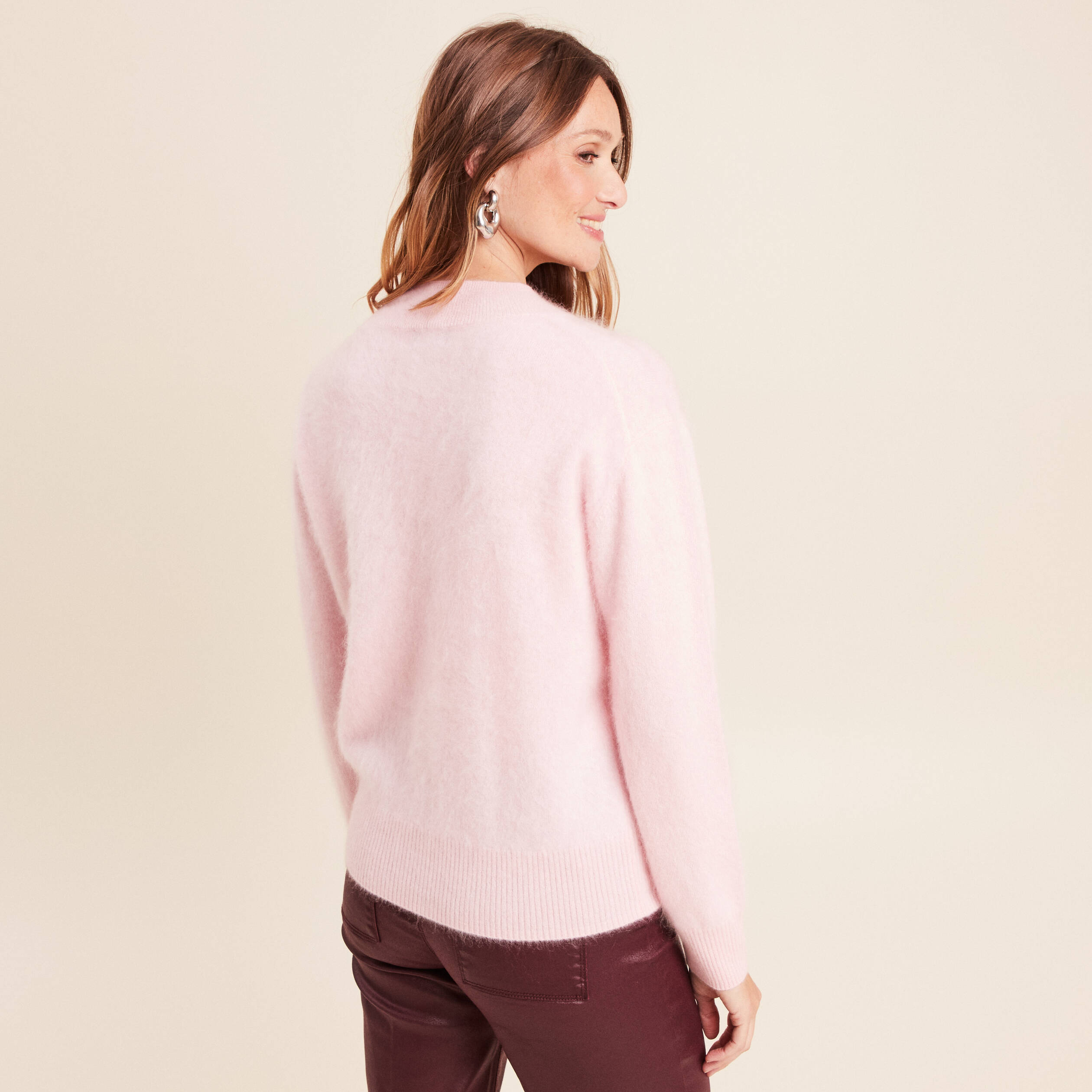 Pull cachemire col montant rose femme