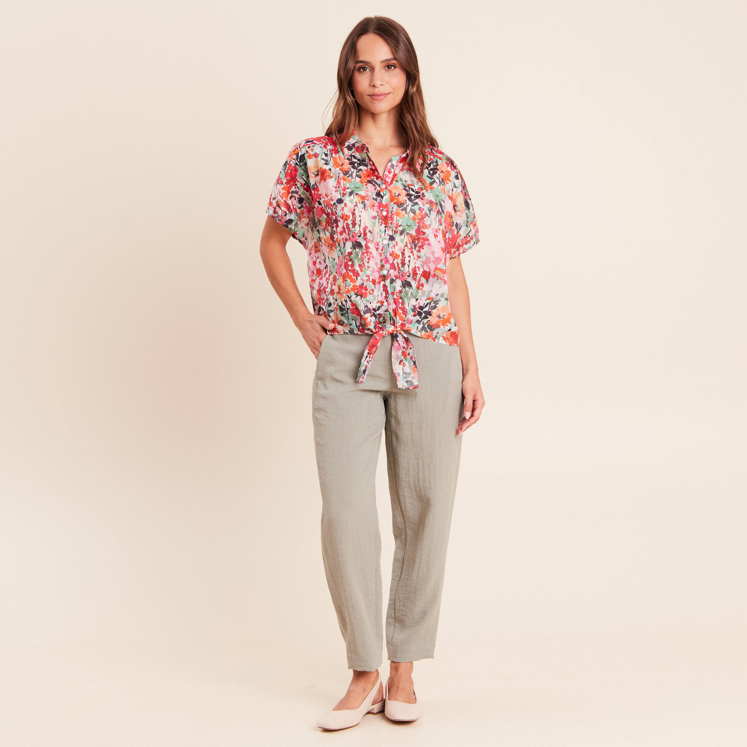 Pantalon large 7/8&egrave;me doubl&eacute; aspect lin vert clair femme