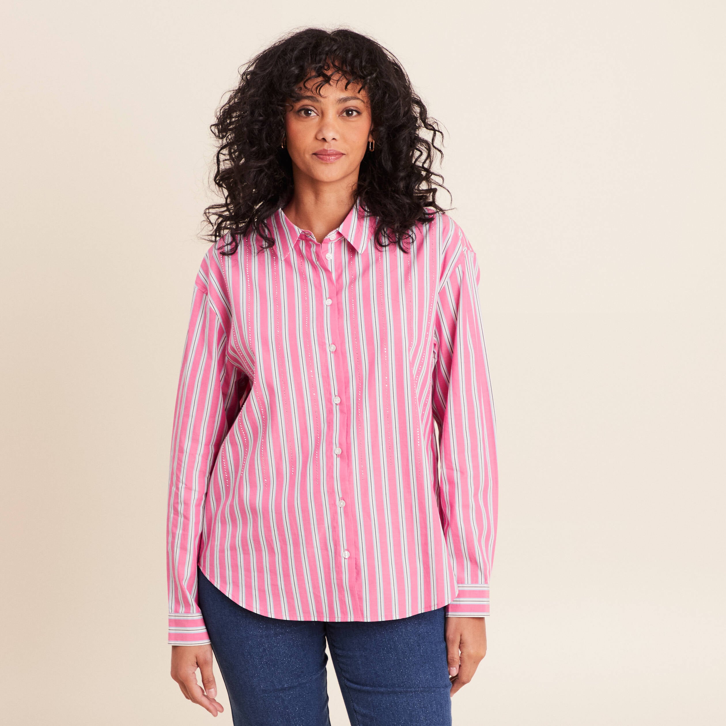 Chemise manches longues en coton strass rose femme
