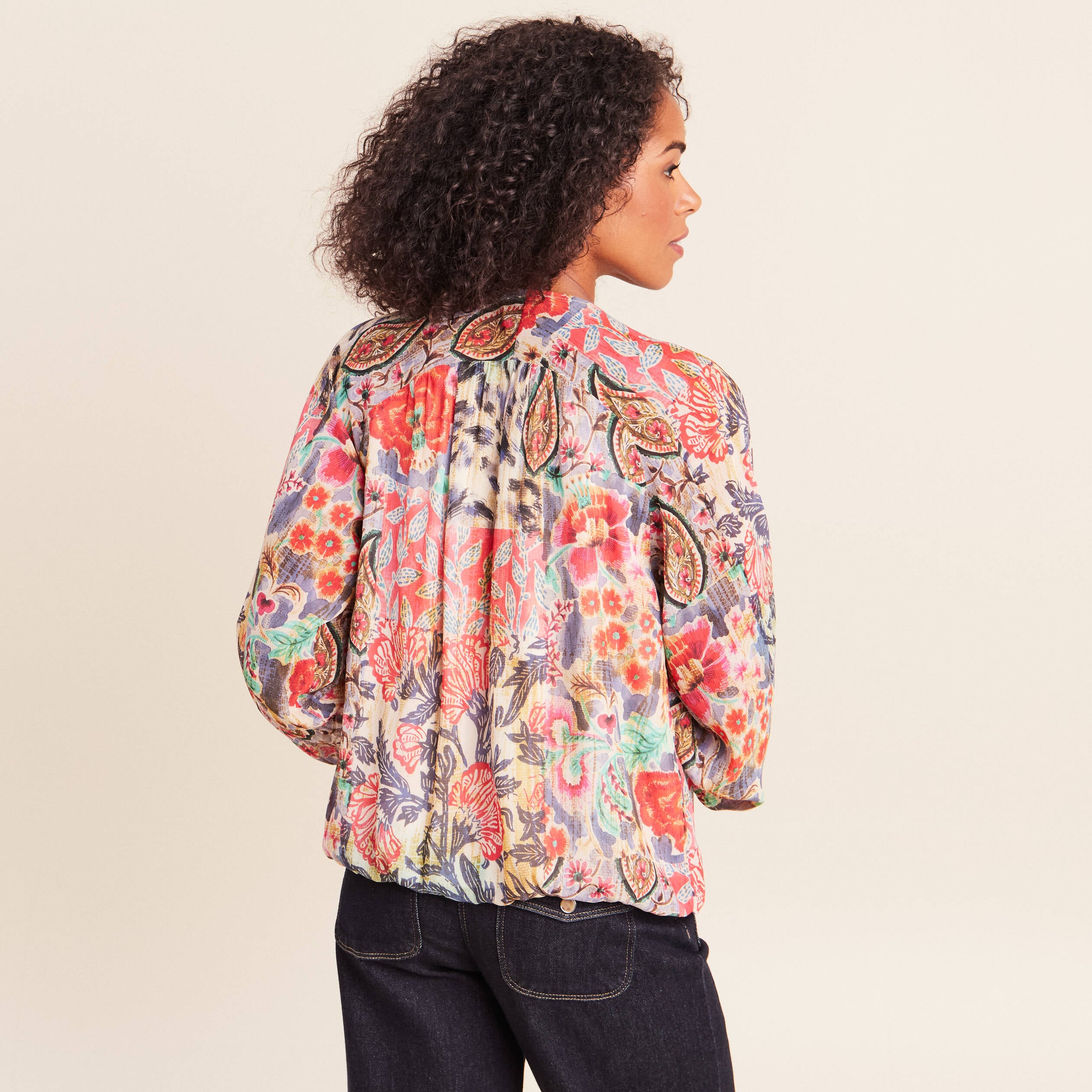 Blouse cintr&eacute;e col v manches 3/4 multicolore femme