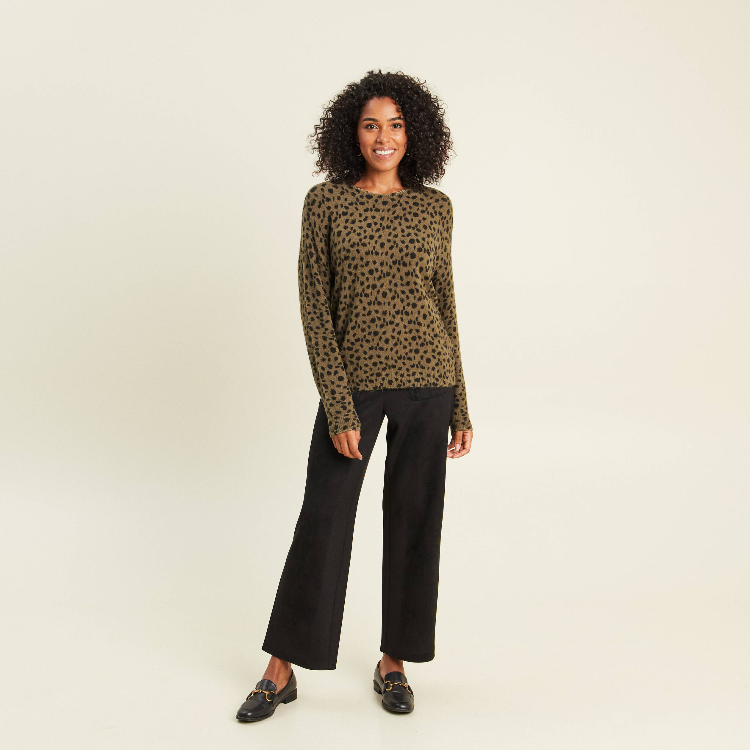 Pull droit col rond manches longues vert femme