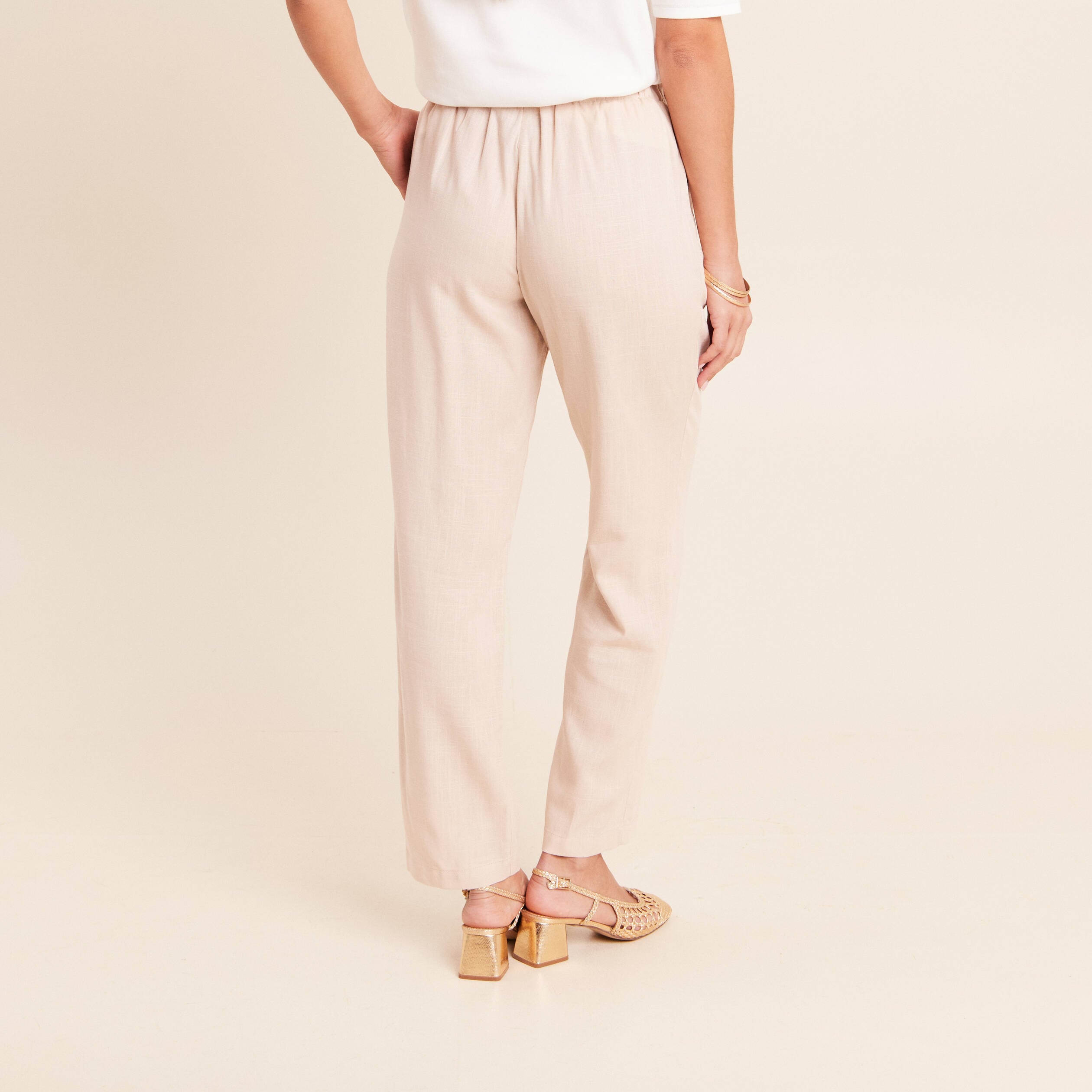 Pantalon large taille haute ivoire femme