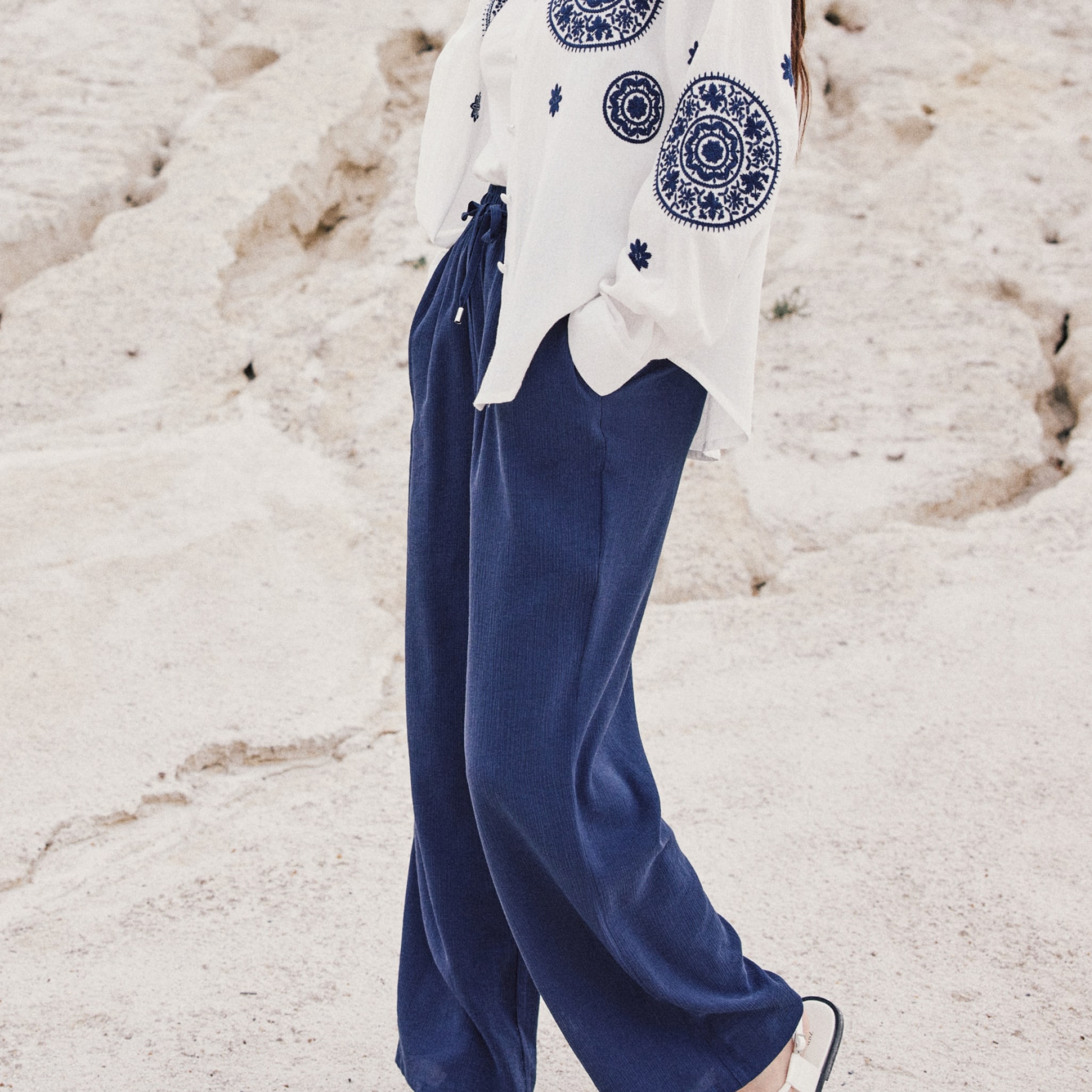 Pantalon large 7/8ème bleu foncé femme