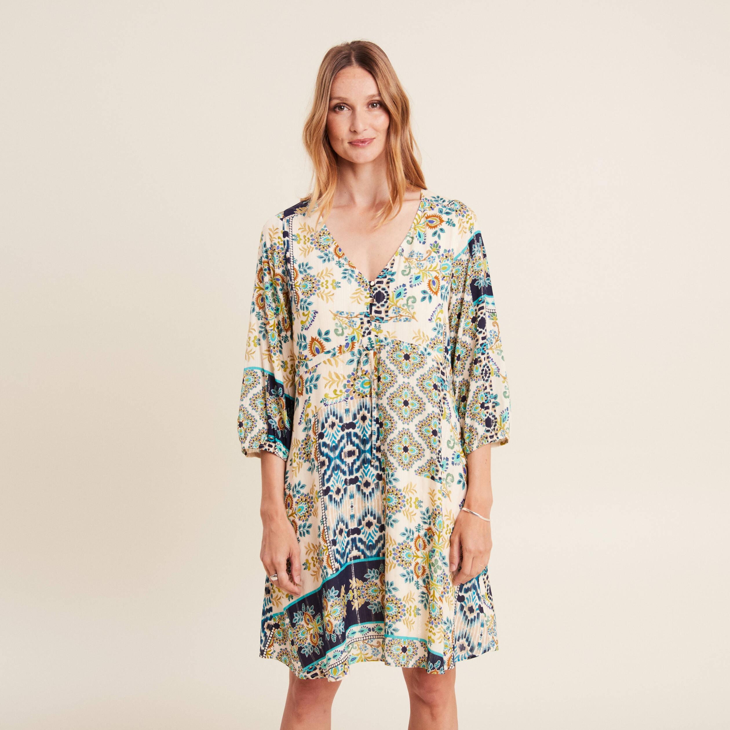 robe evasee fluide manches 34 bleu femme Robe évasée fluide manches 3/4 bleu femme