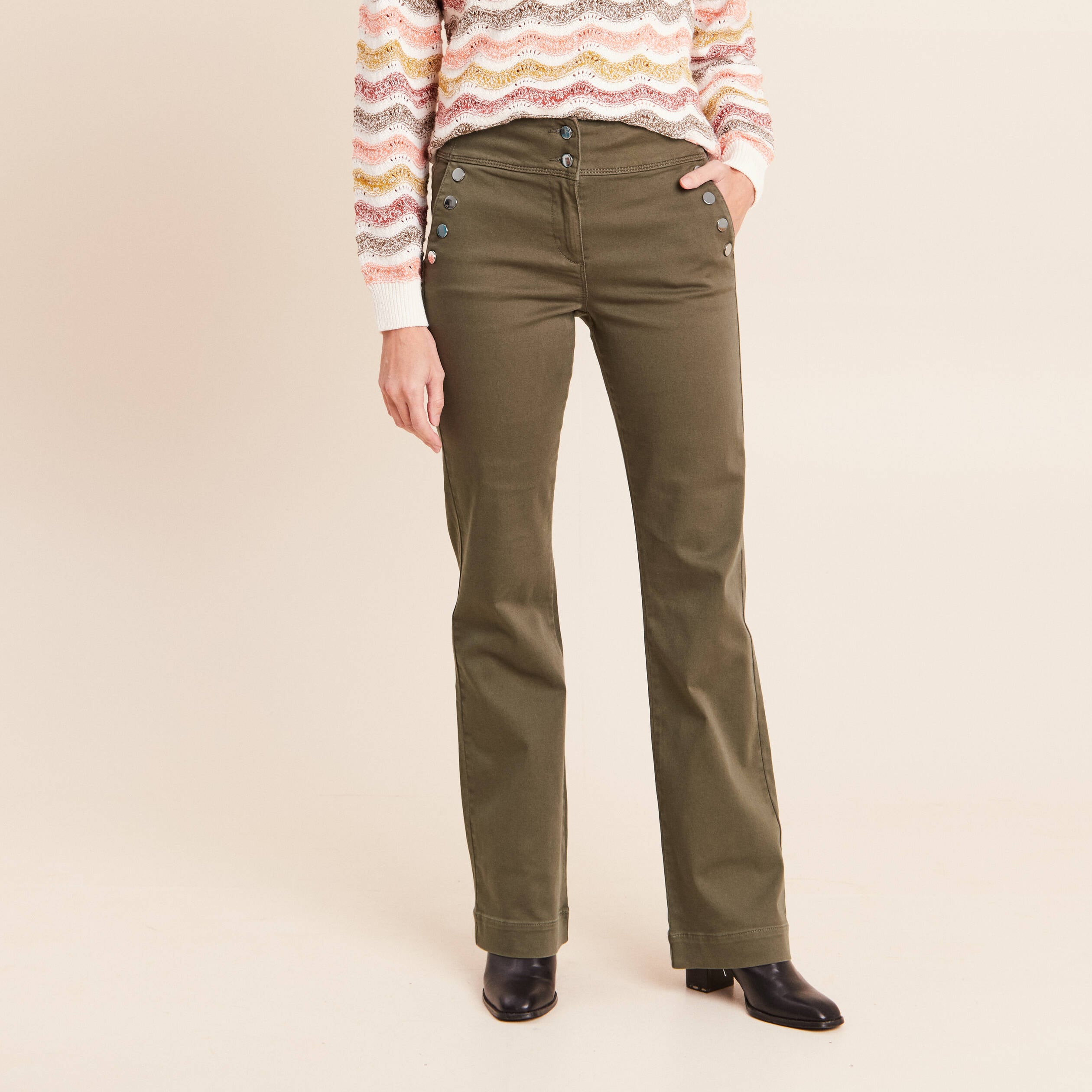 Pantalon coupe bootcut &agrave; pont vert kaki femme