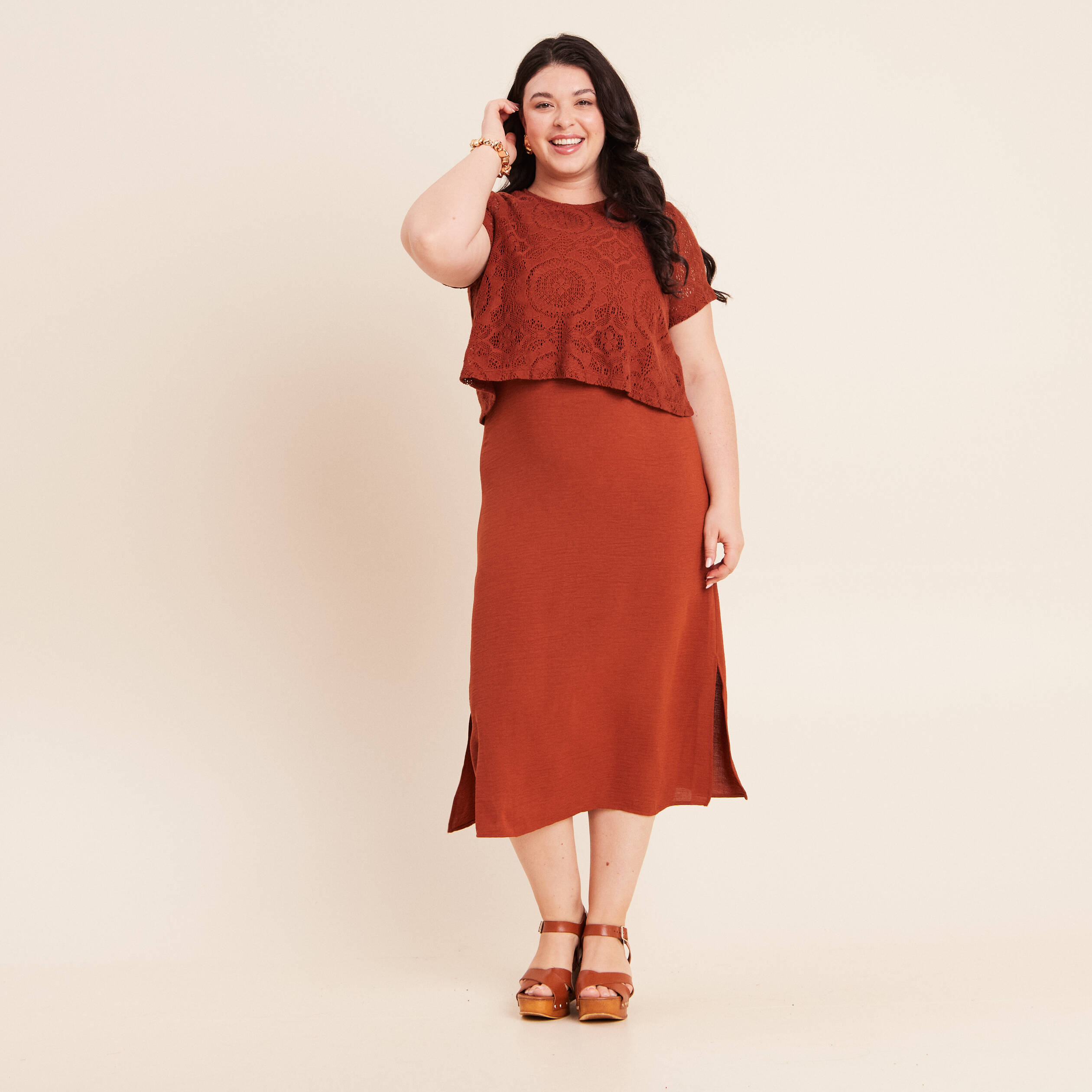 Robe 2 en 1 col rond marron fonc&eacute; femme