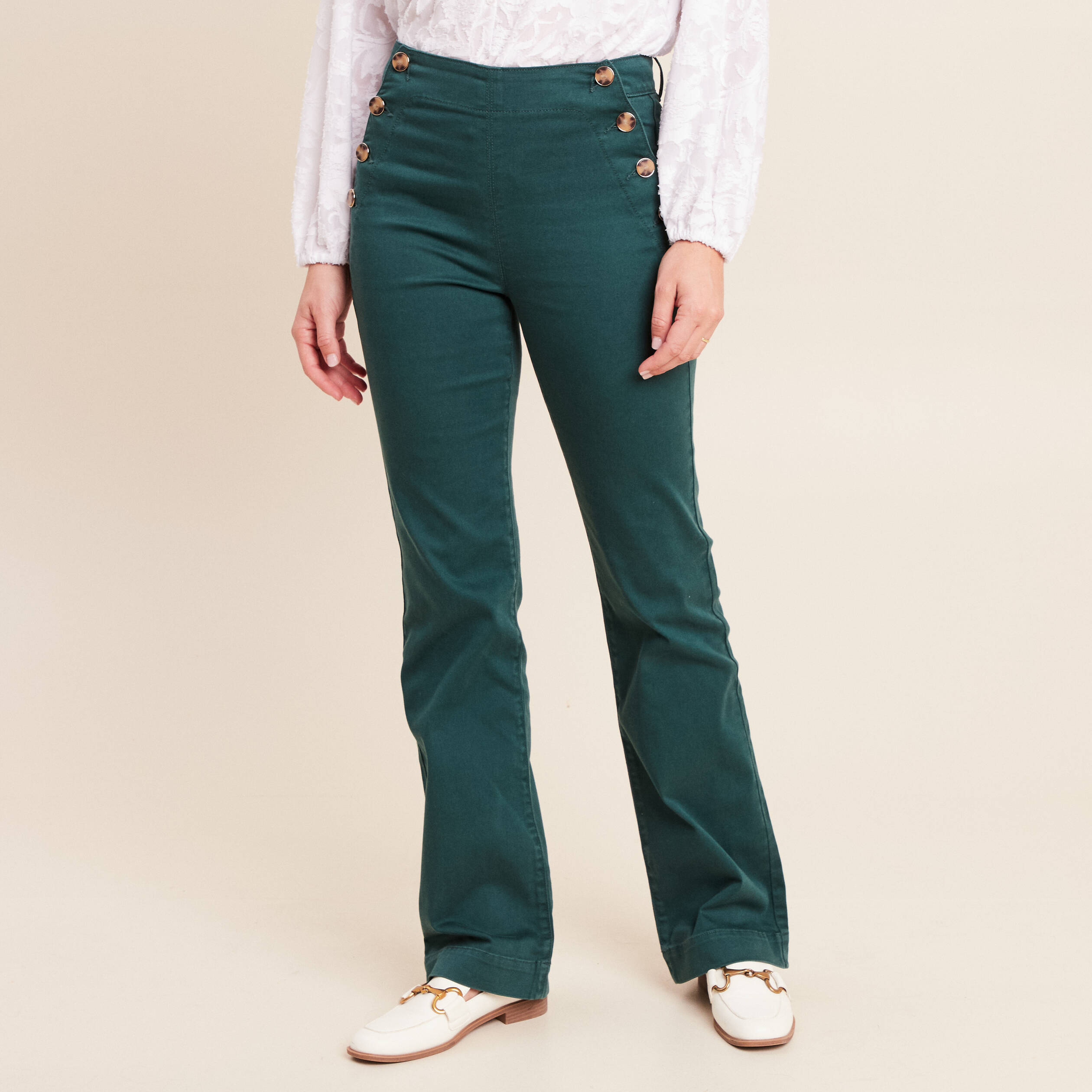 Pantalon coupe bootcut taille haute vert fonc&eacute; femme