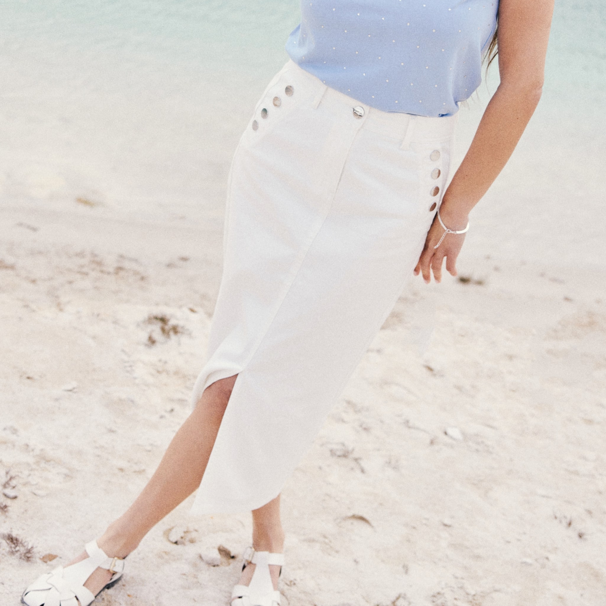 Jupe longue droite en jean blanc femme