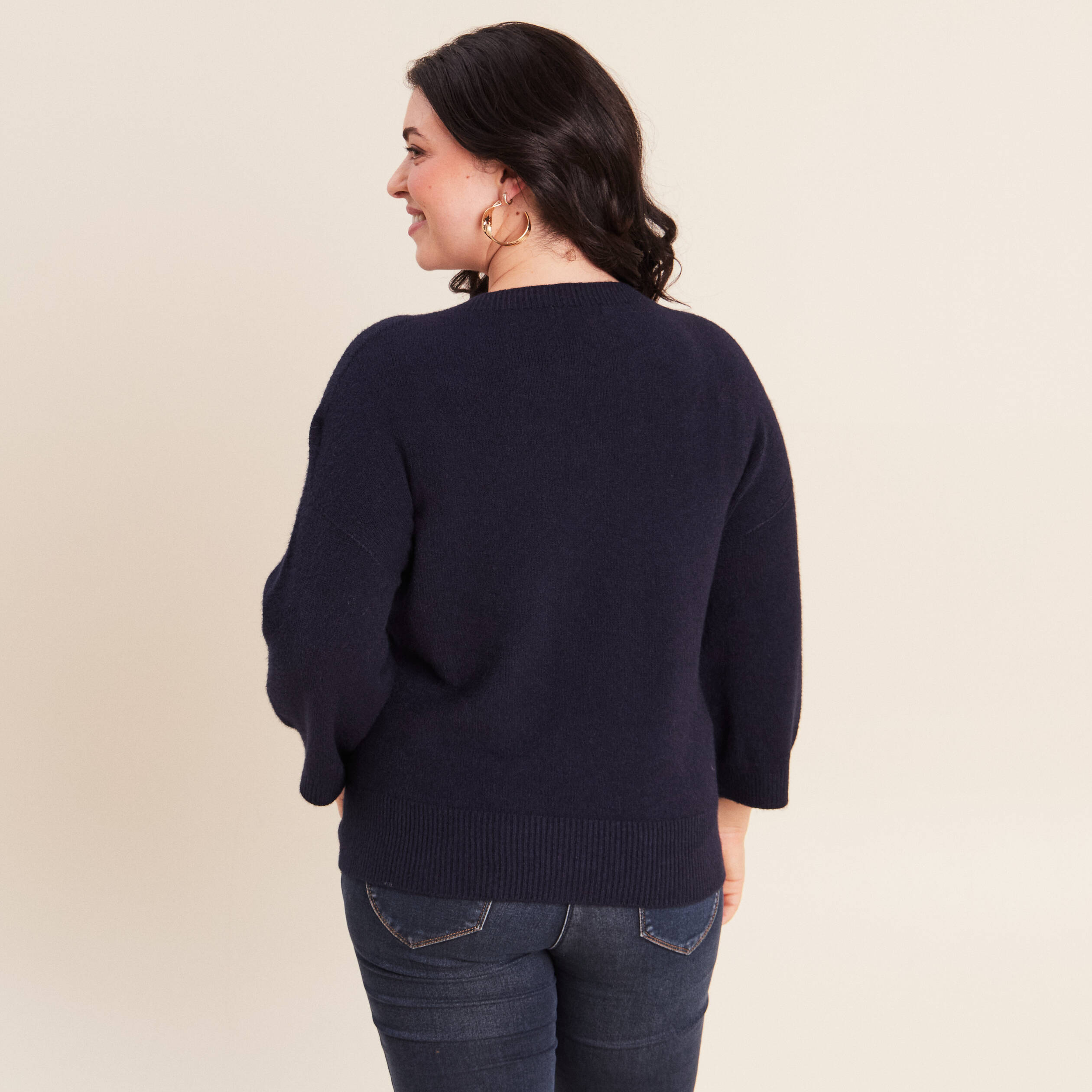 Pull droit col rond manches 3/4 bleu marine femme