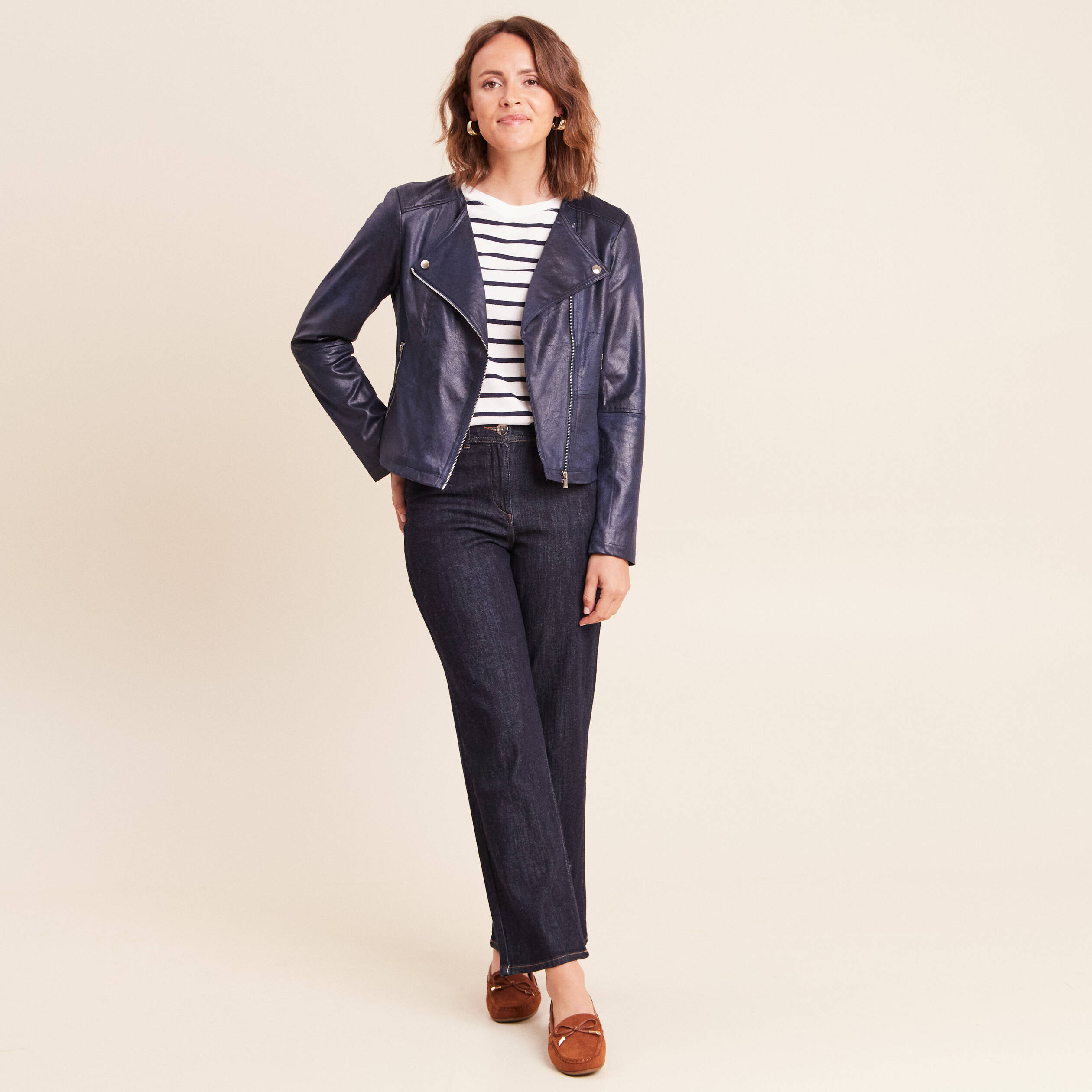 Jean coupe large 7/8&egrave;me taille haute denim brut femme