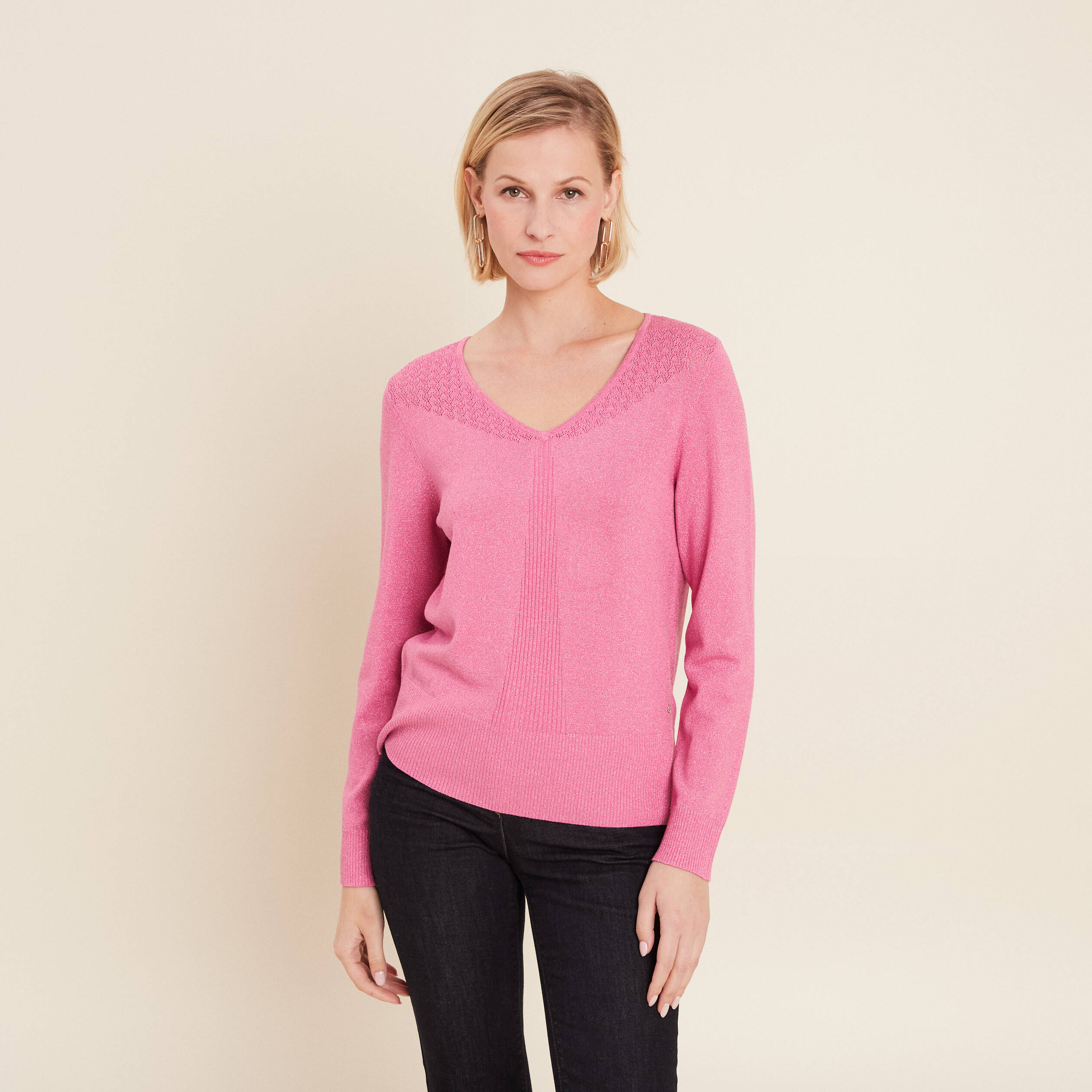 pull manches longues col en v rose femme Pull manches longues col en V rose femme