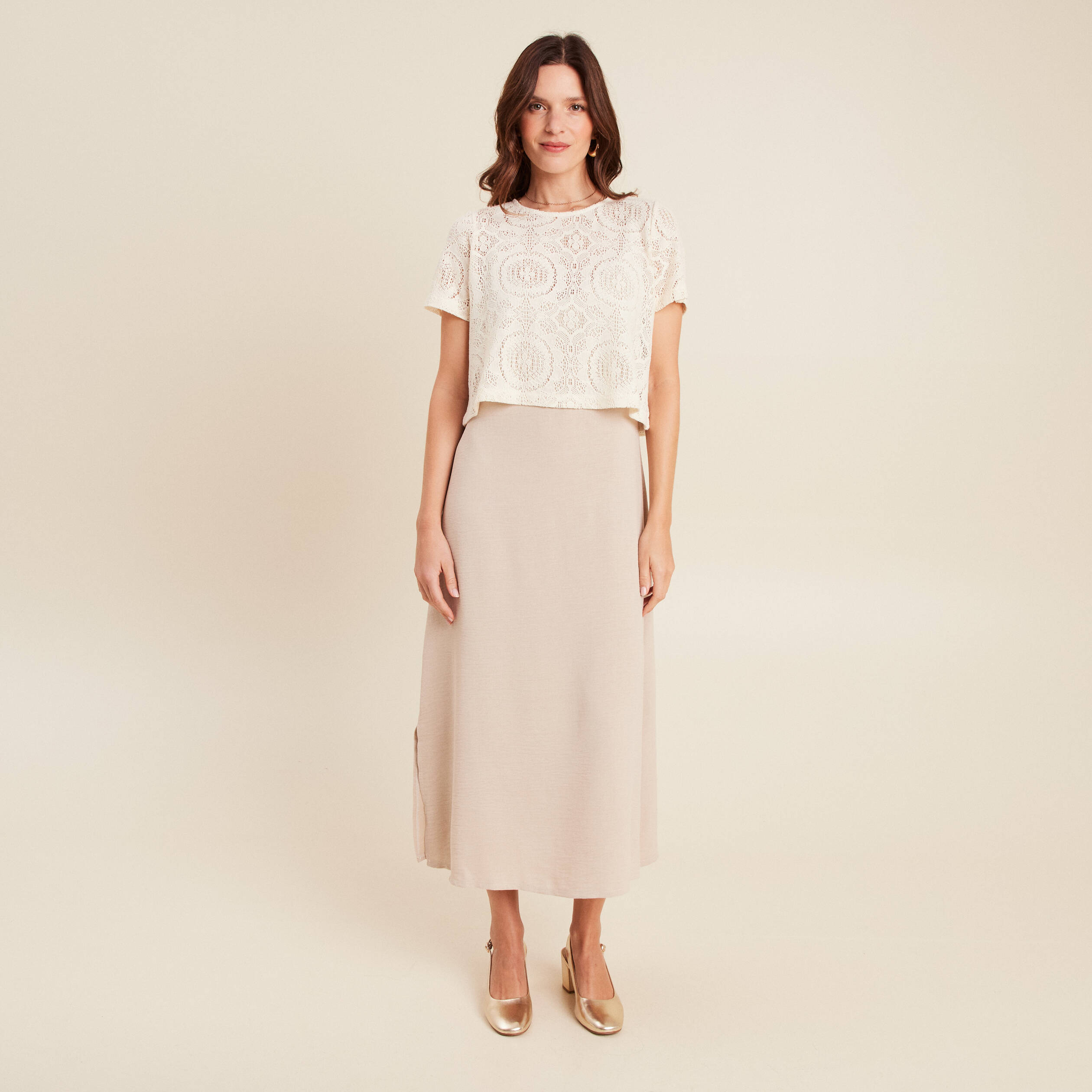 Robe 2 en 1 col rond gris clair femme