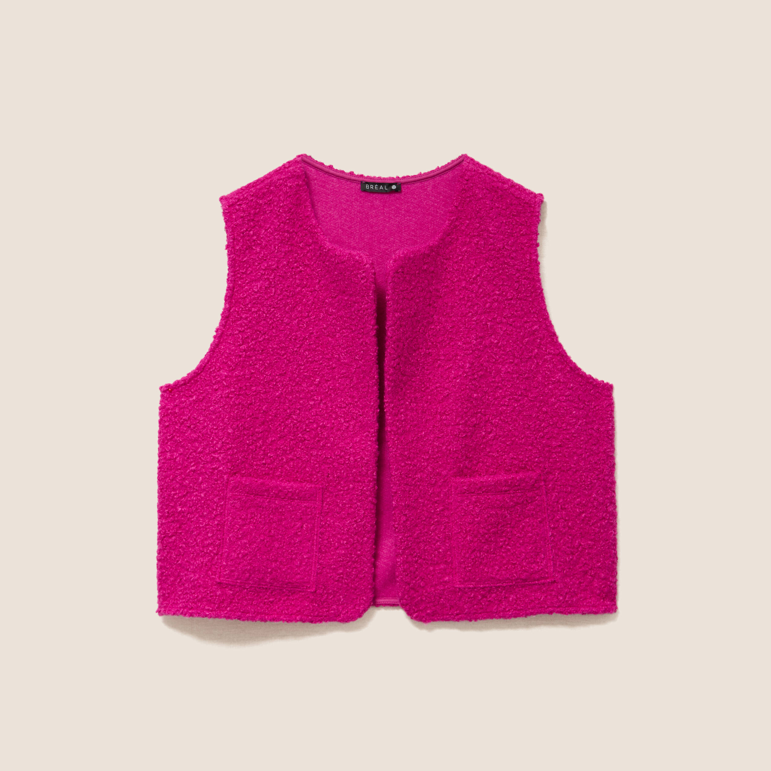 Gilet sans manches bouclette poches rose fushia femme