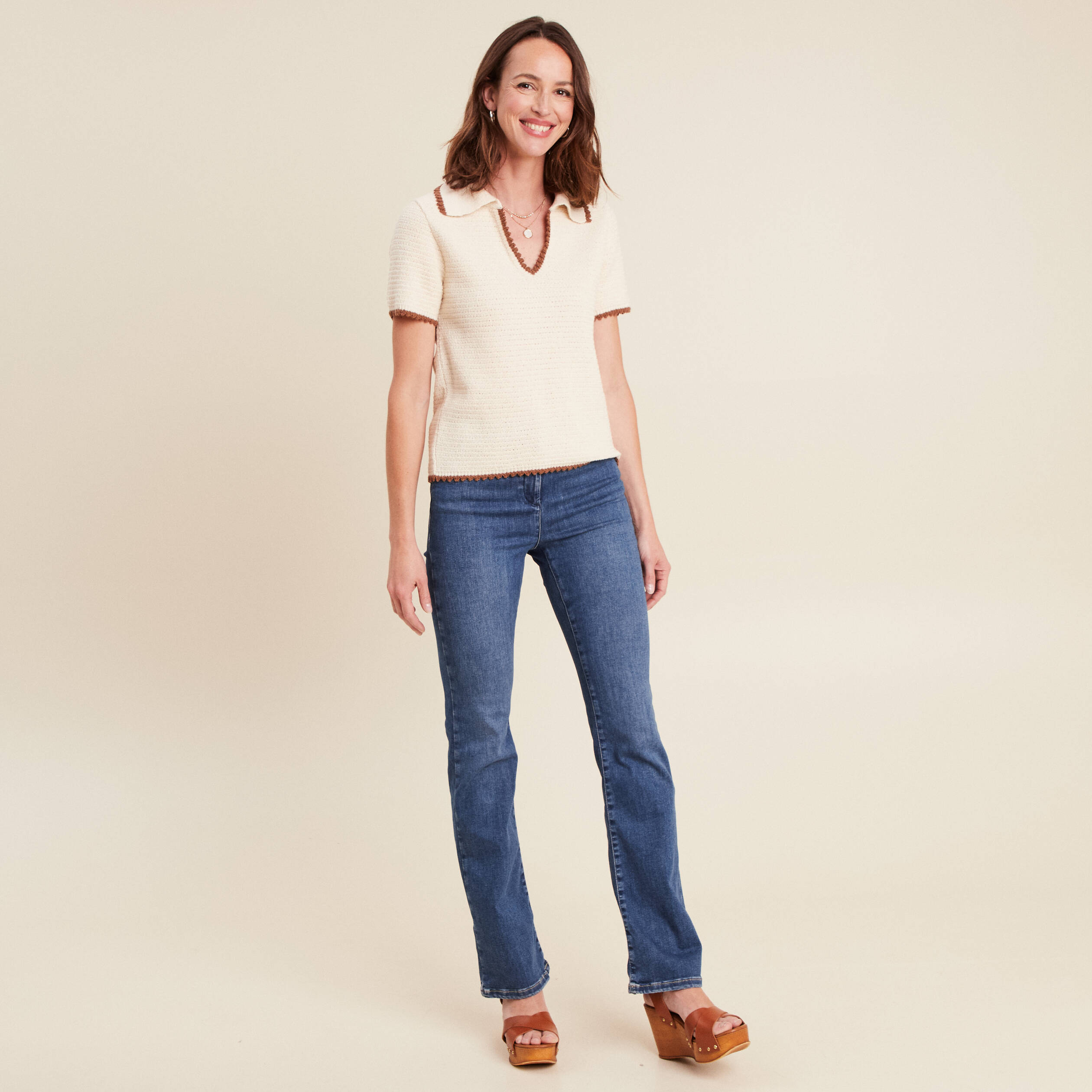 Pull col chemise manches courtes ecru femme