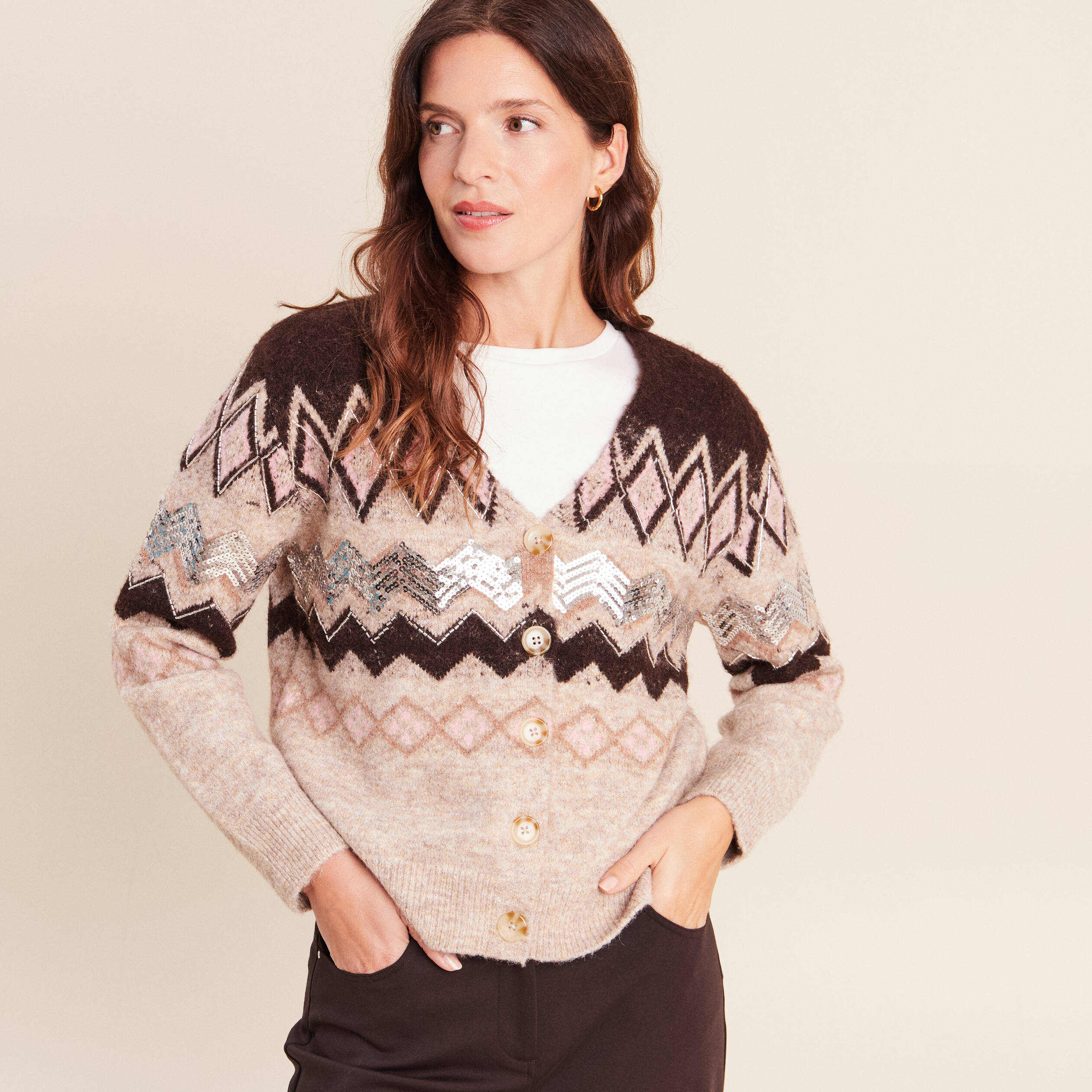 Cardigan jacquard col rond marron femme