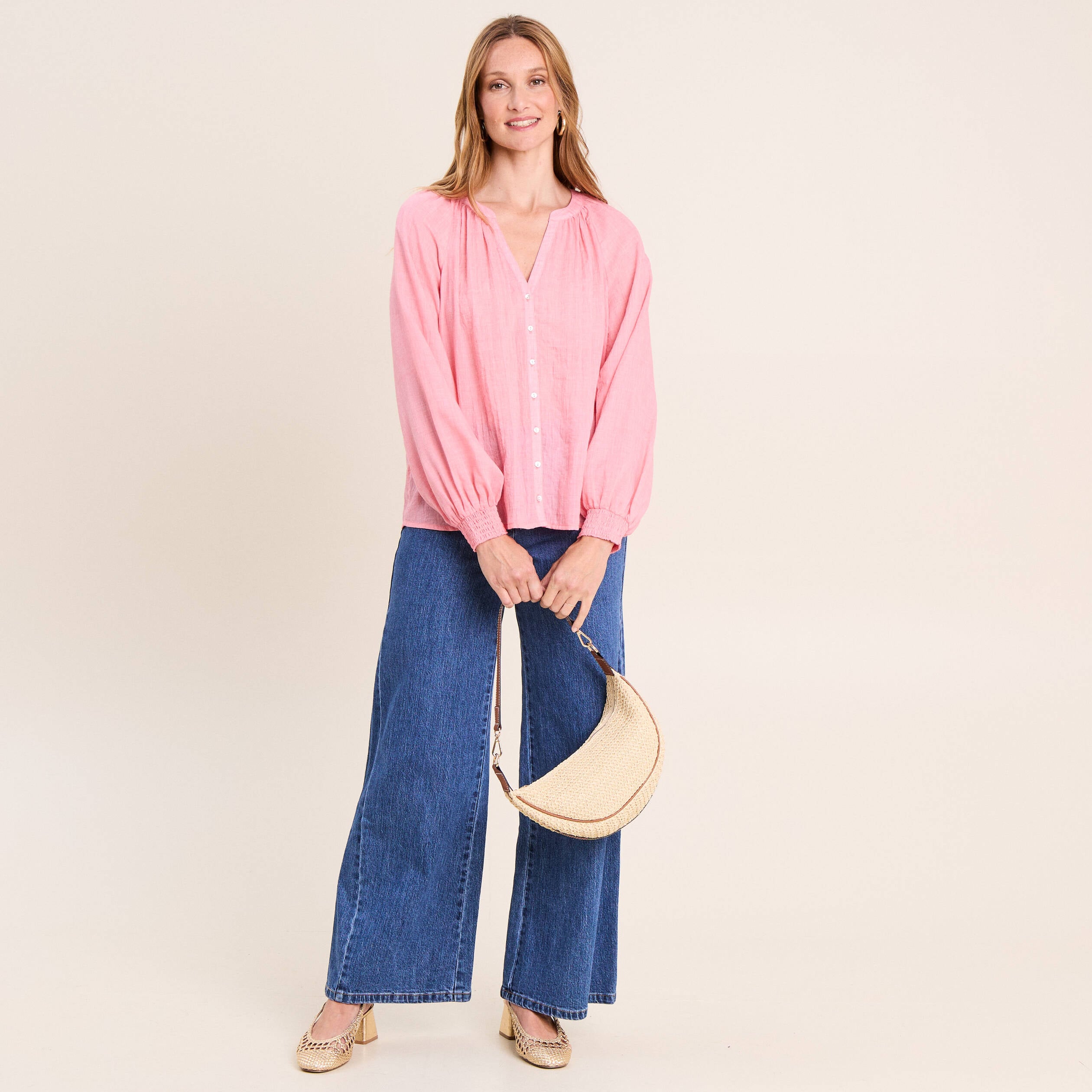 Chemise ample col v manches longues rose femme