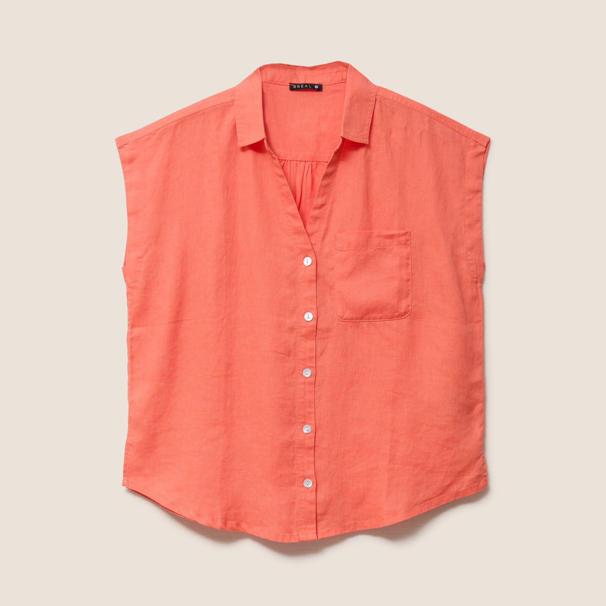 Chemise ample manches courtes aspect lin orange fluo femme