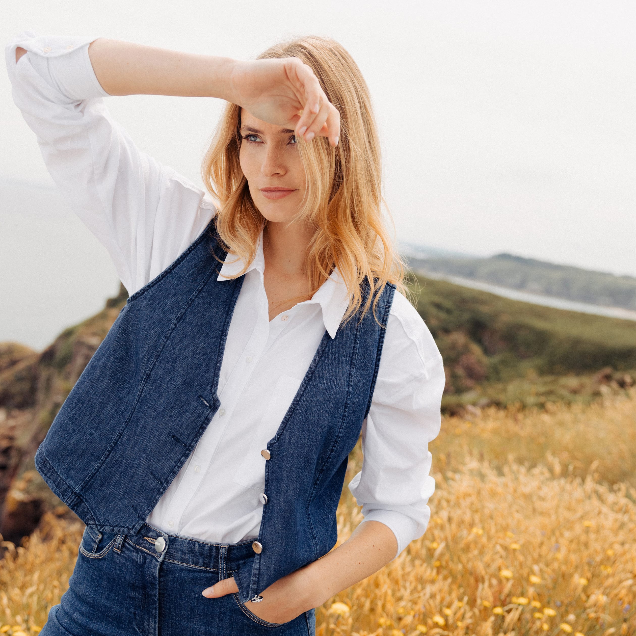 Gilet barman sans manches jean denim double stone femme
