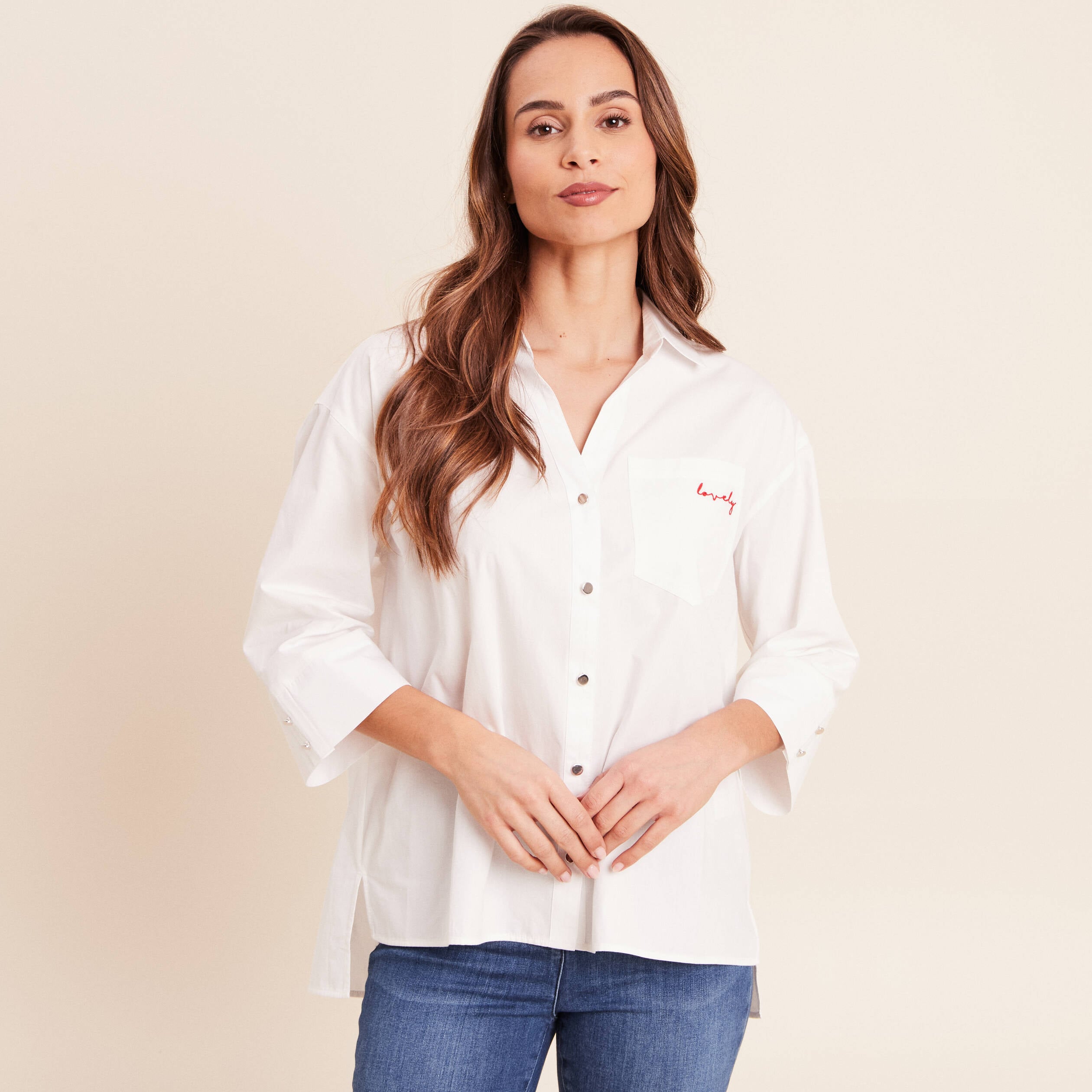Chemise ample en coton manches 3/4 ecru femme