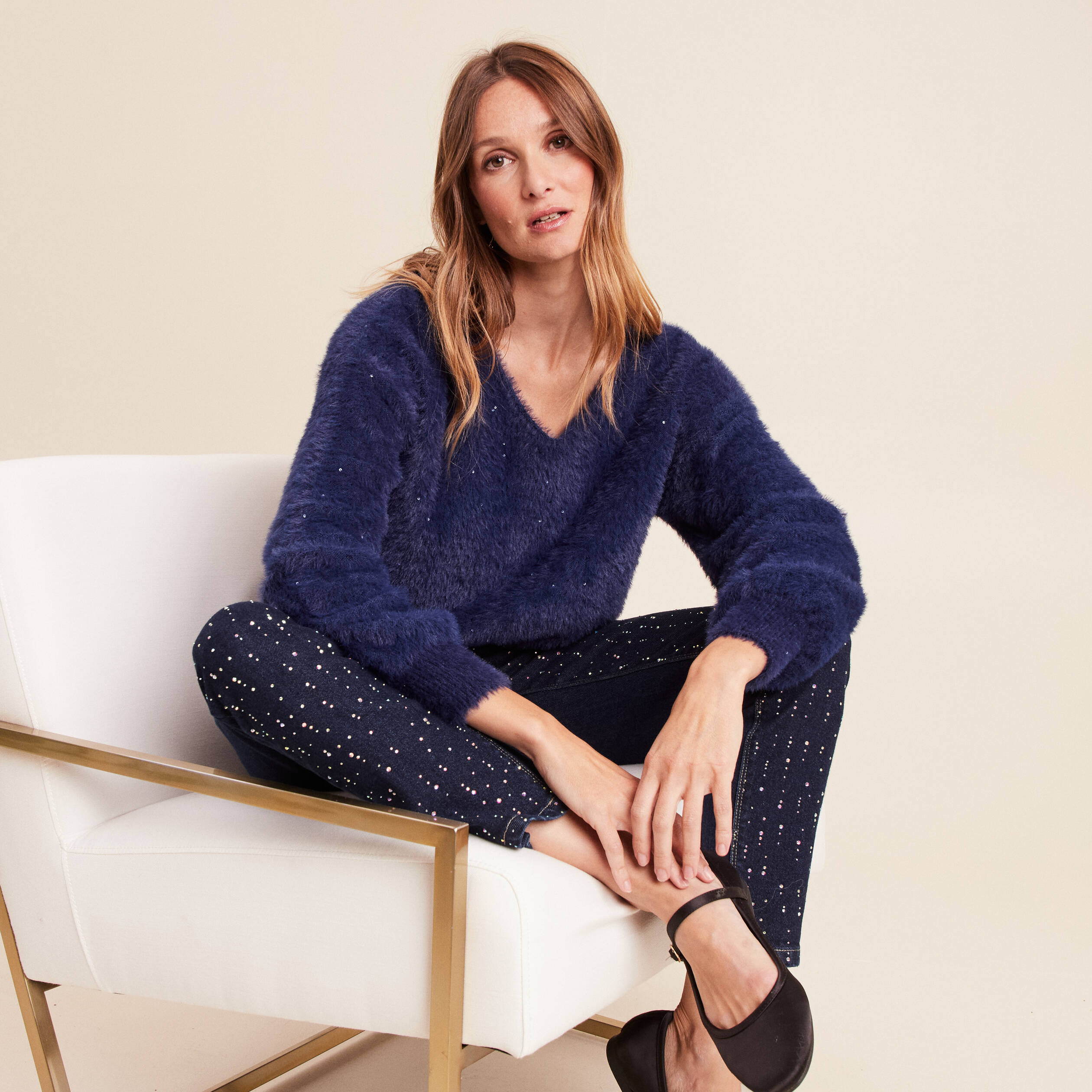 Pull col v manches longues bleu marine femme | Vibs
