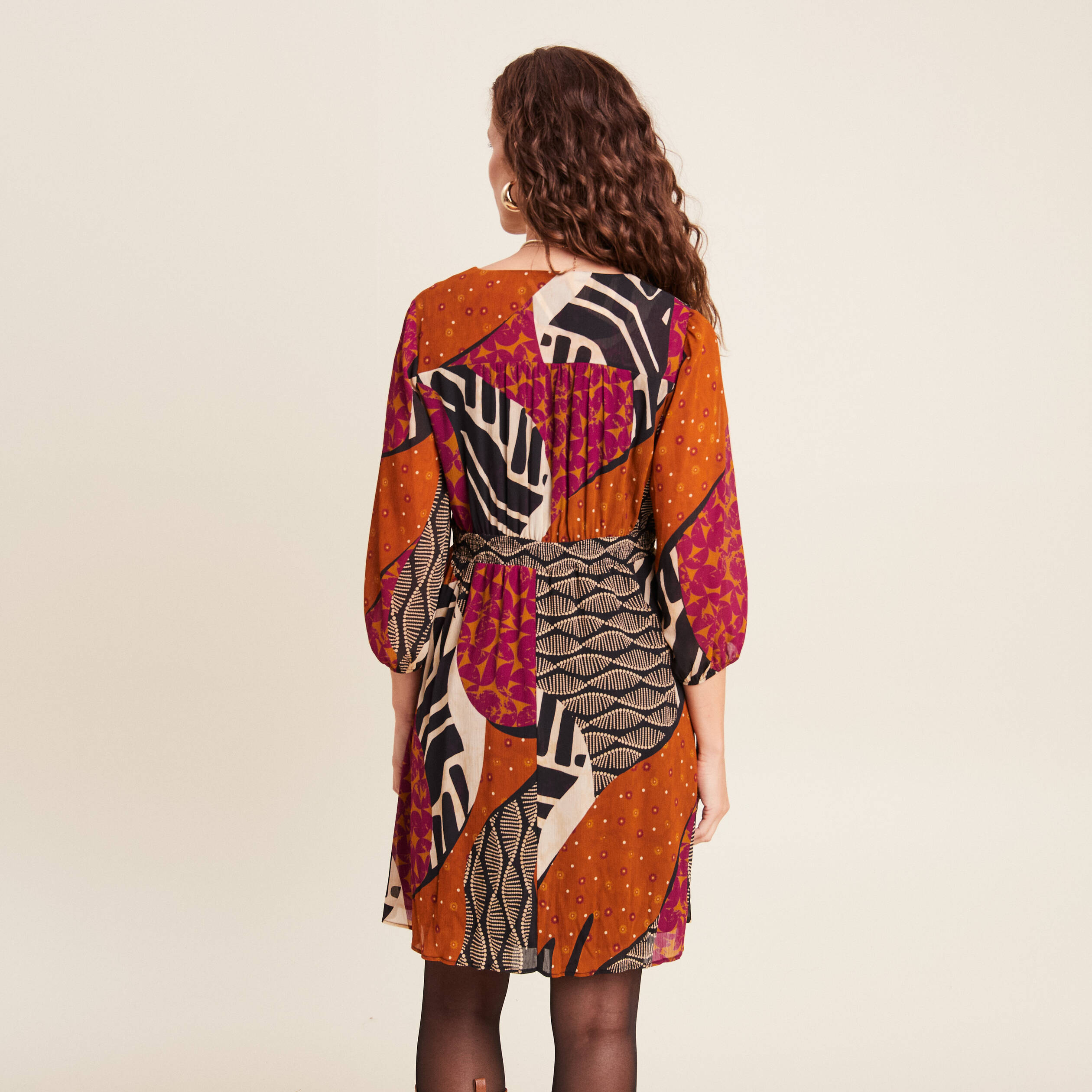 robe evasee fluide manches 34 multicolore femme Robe évasée fluide manches 3/4 multicolore femme