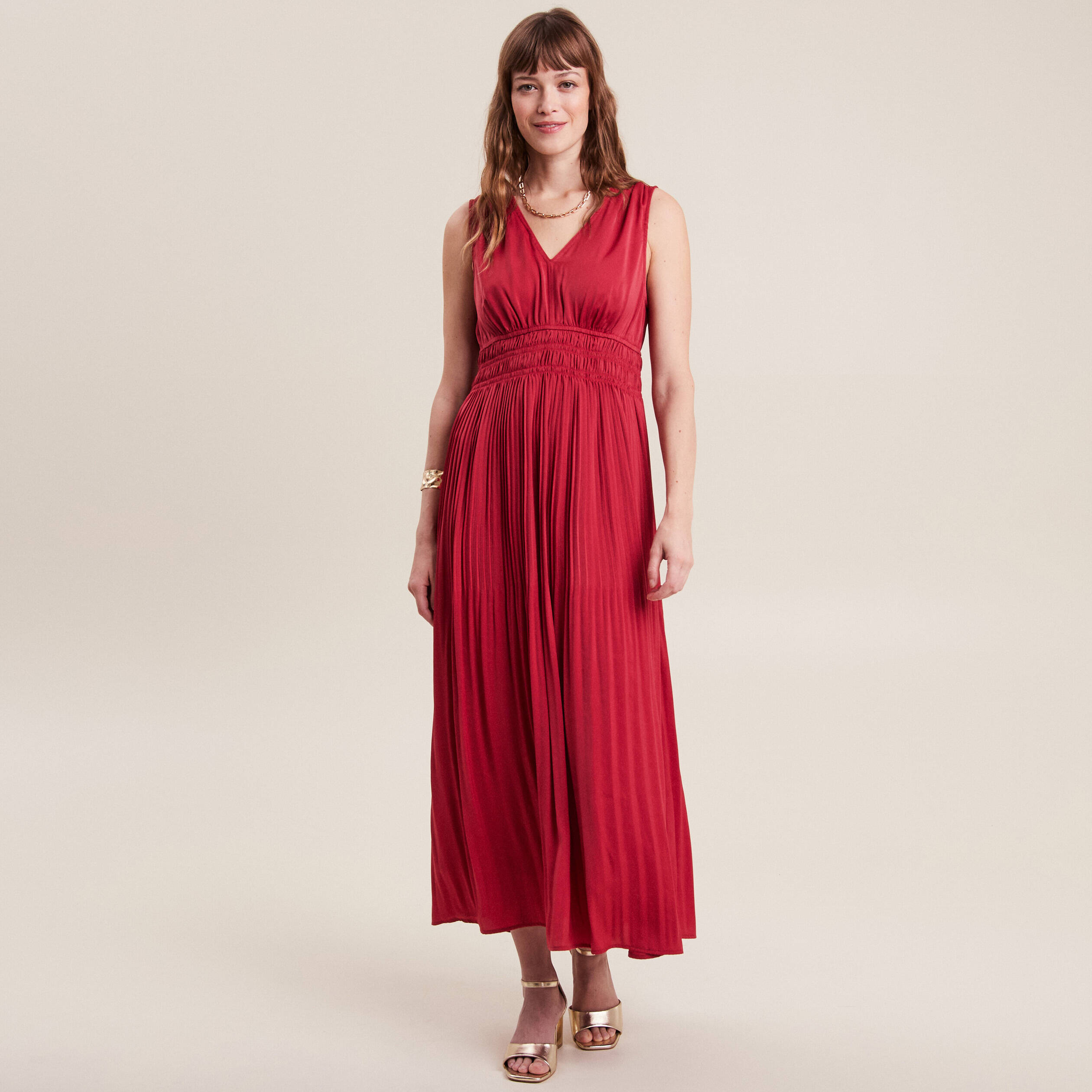 Robe longue empire satin bordeaux femme