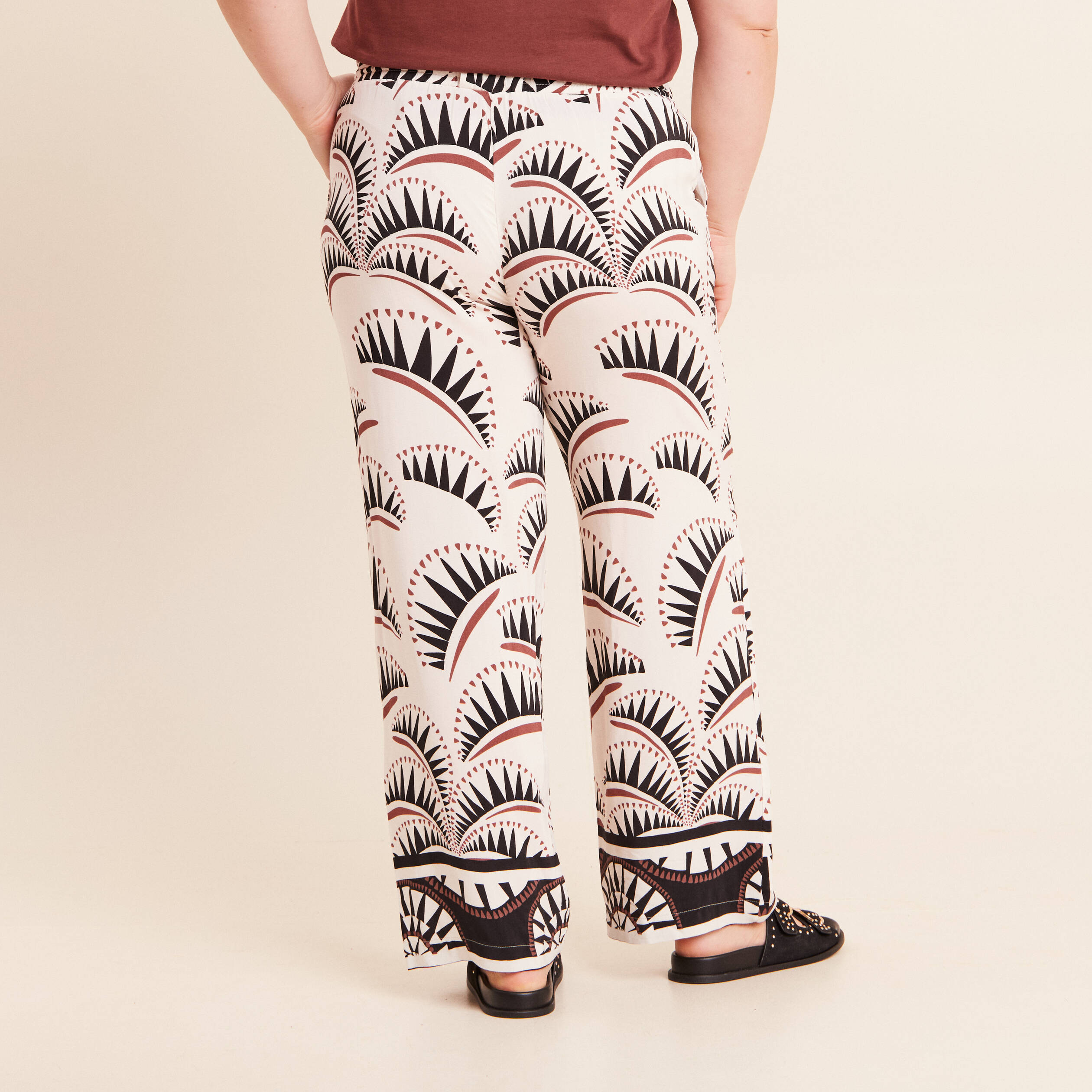 Pantalon large taille haute marron femme