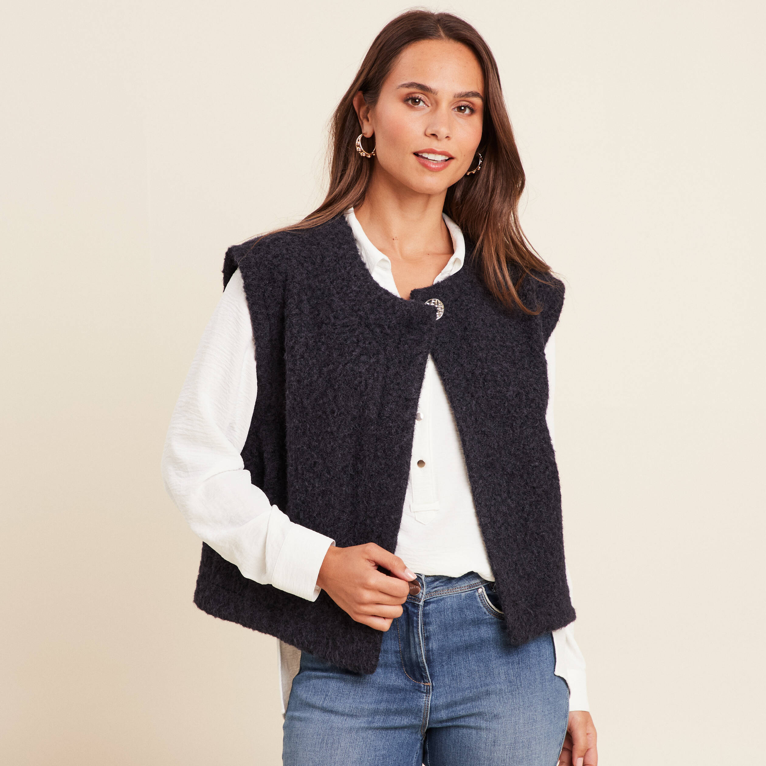 Gilet ample sans manches bleu fonc&eacute; femme