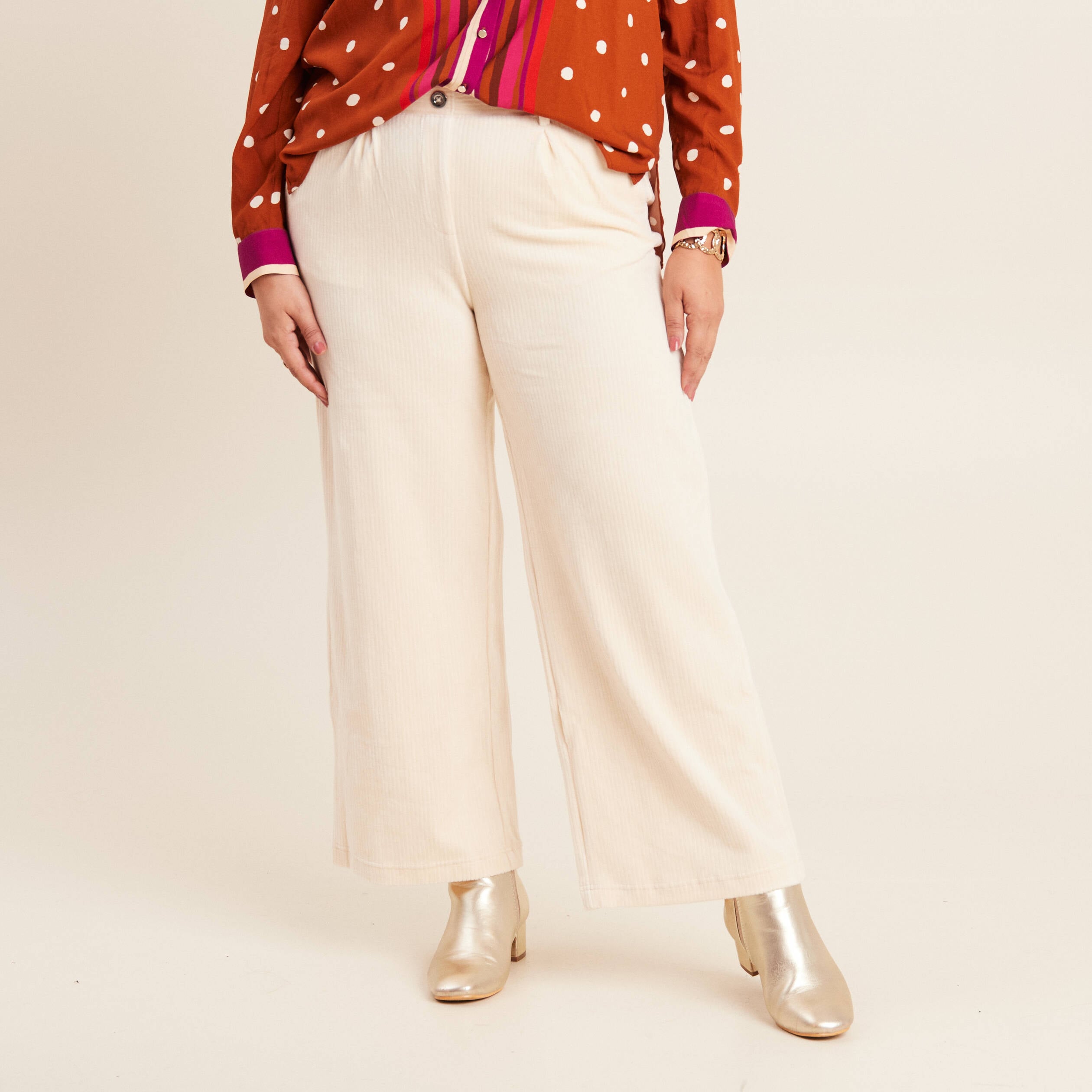 Pantalon large velours ivoire femme