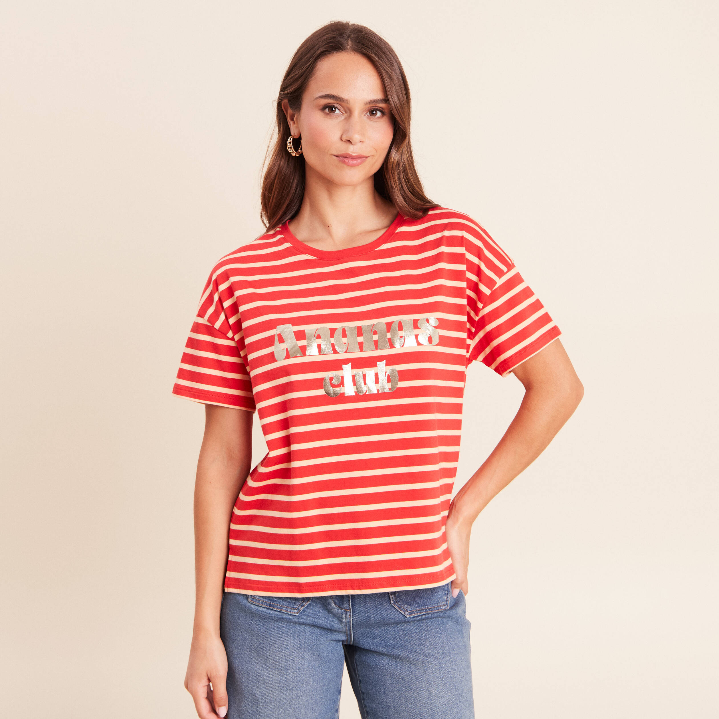 T-shirt col rond manches courtes rose femme