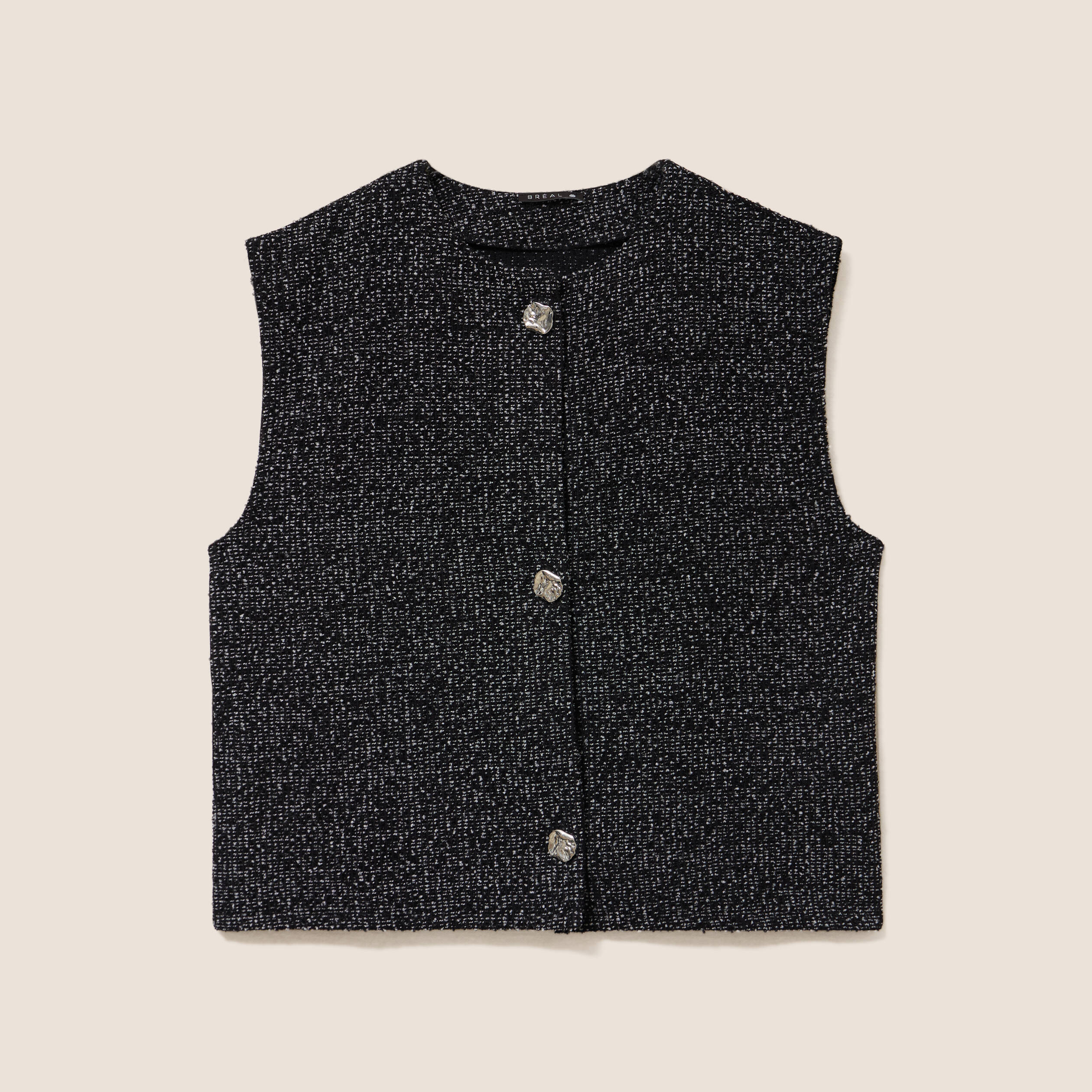 Gilet tweed droit court sans manches noir femme